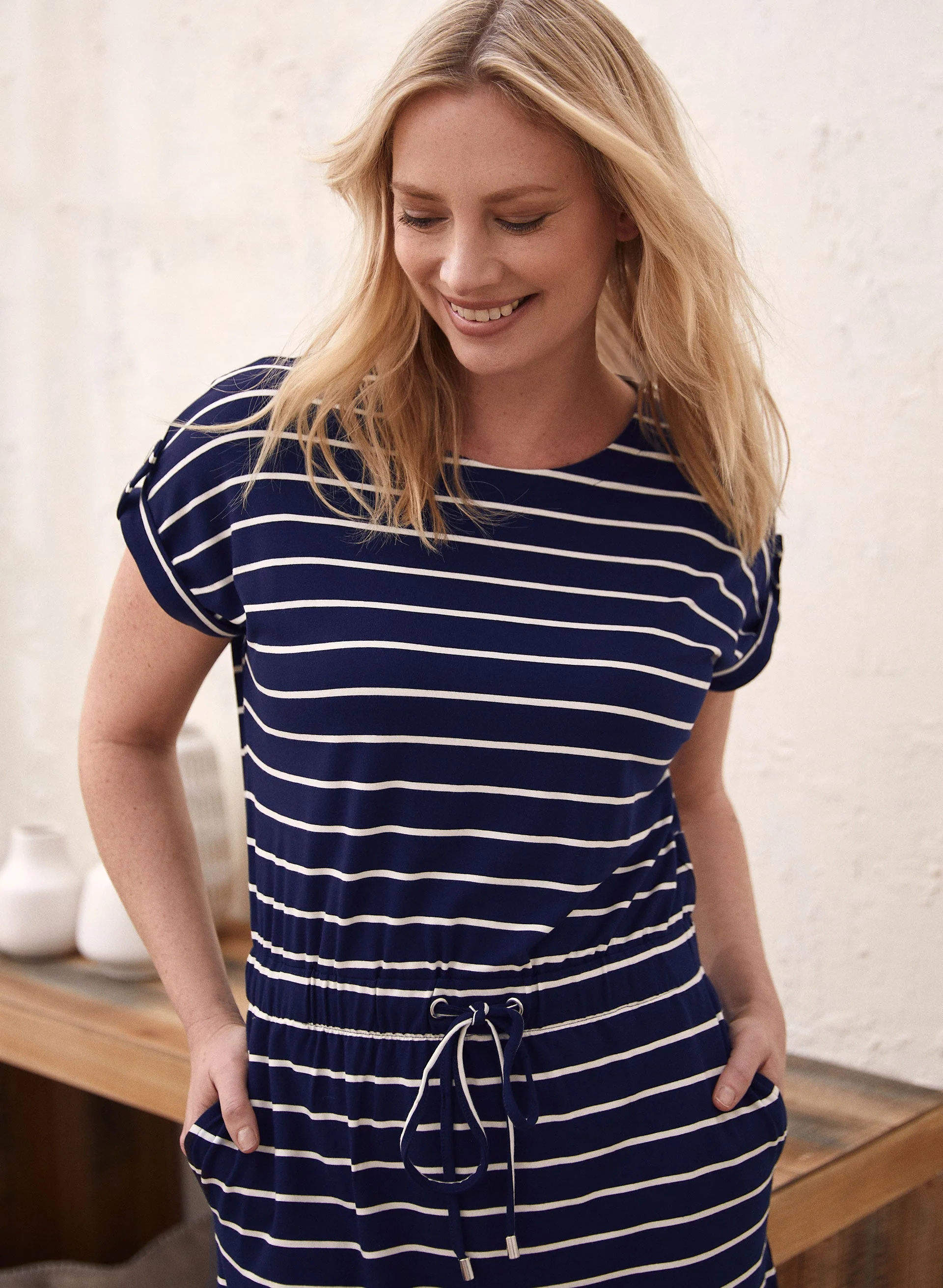 Boat Neck Stripe Print Dress - Image 4