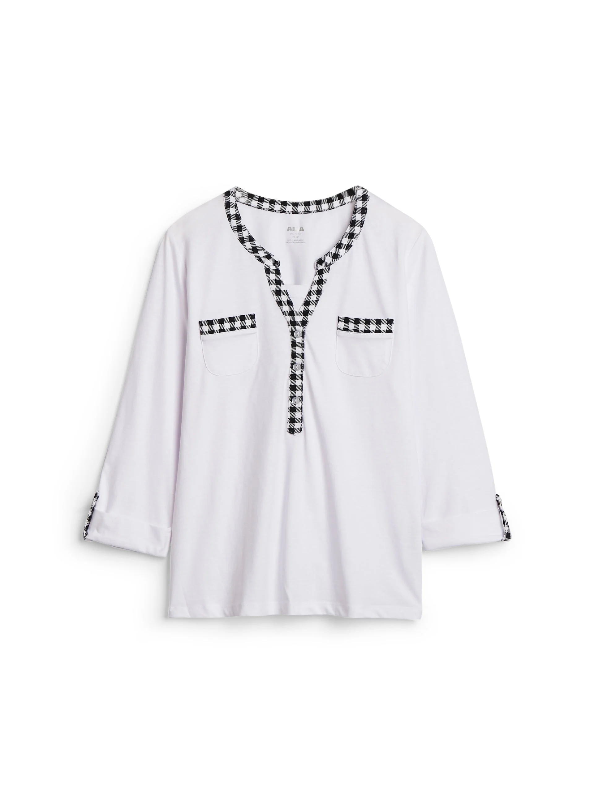 Checkered Print Trim Henley Top - Image 5