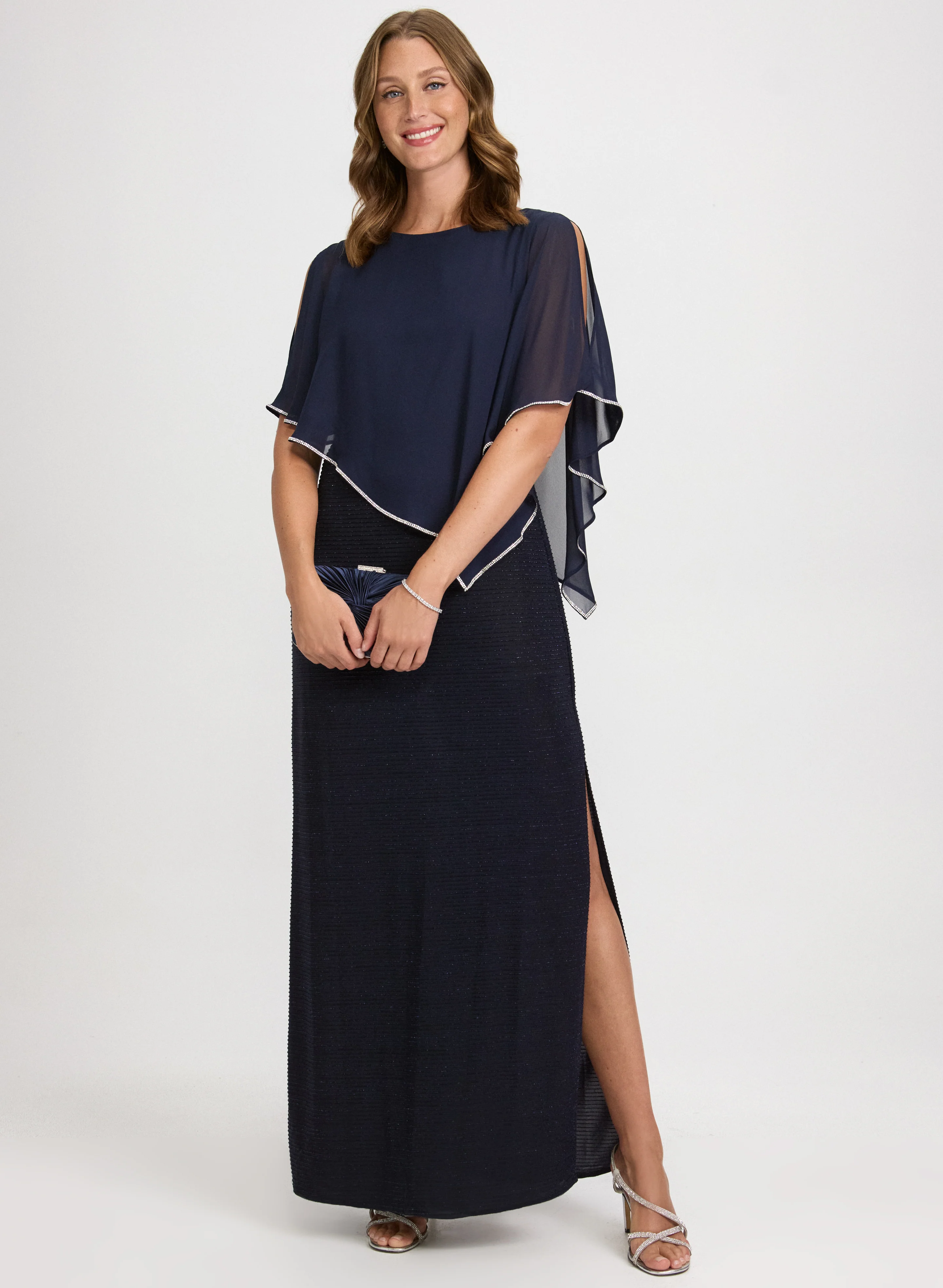 Chiffon Poncho & Metallic Knit Dress