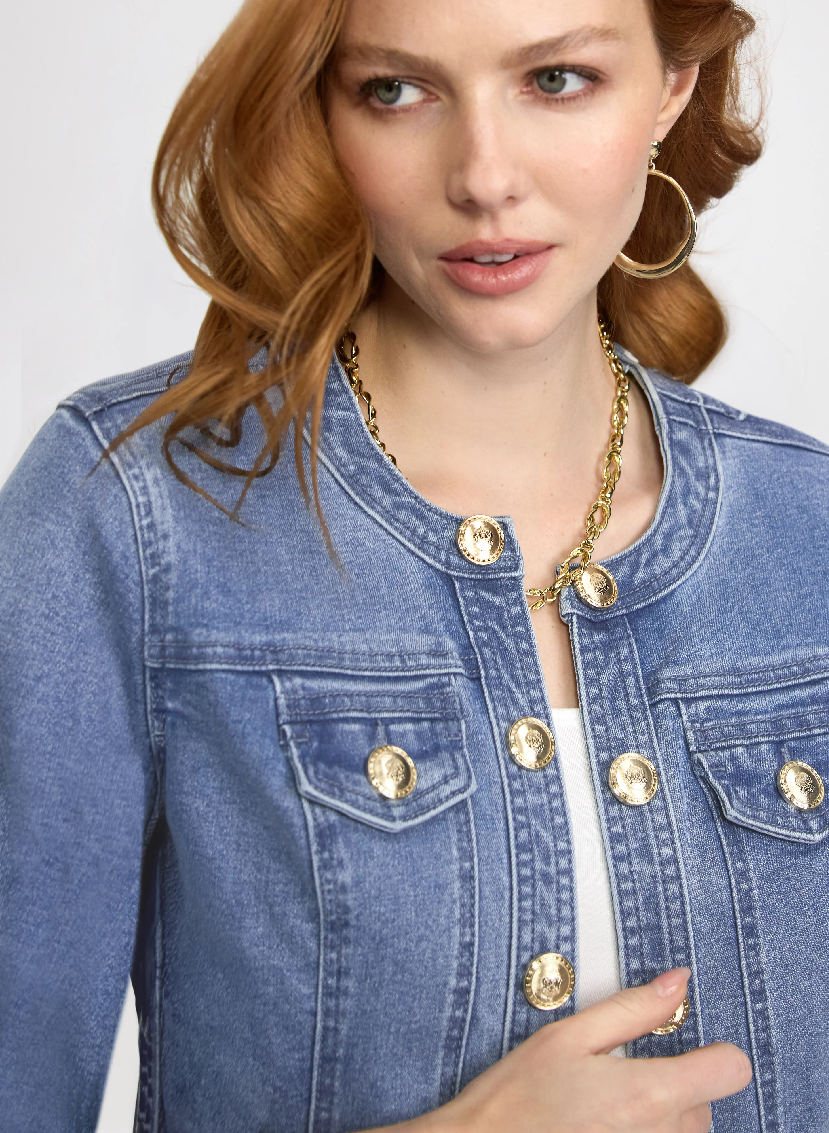 Decorative Button-Front Denim Jacket - Image 2