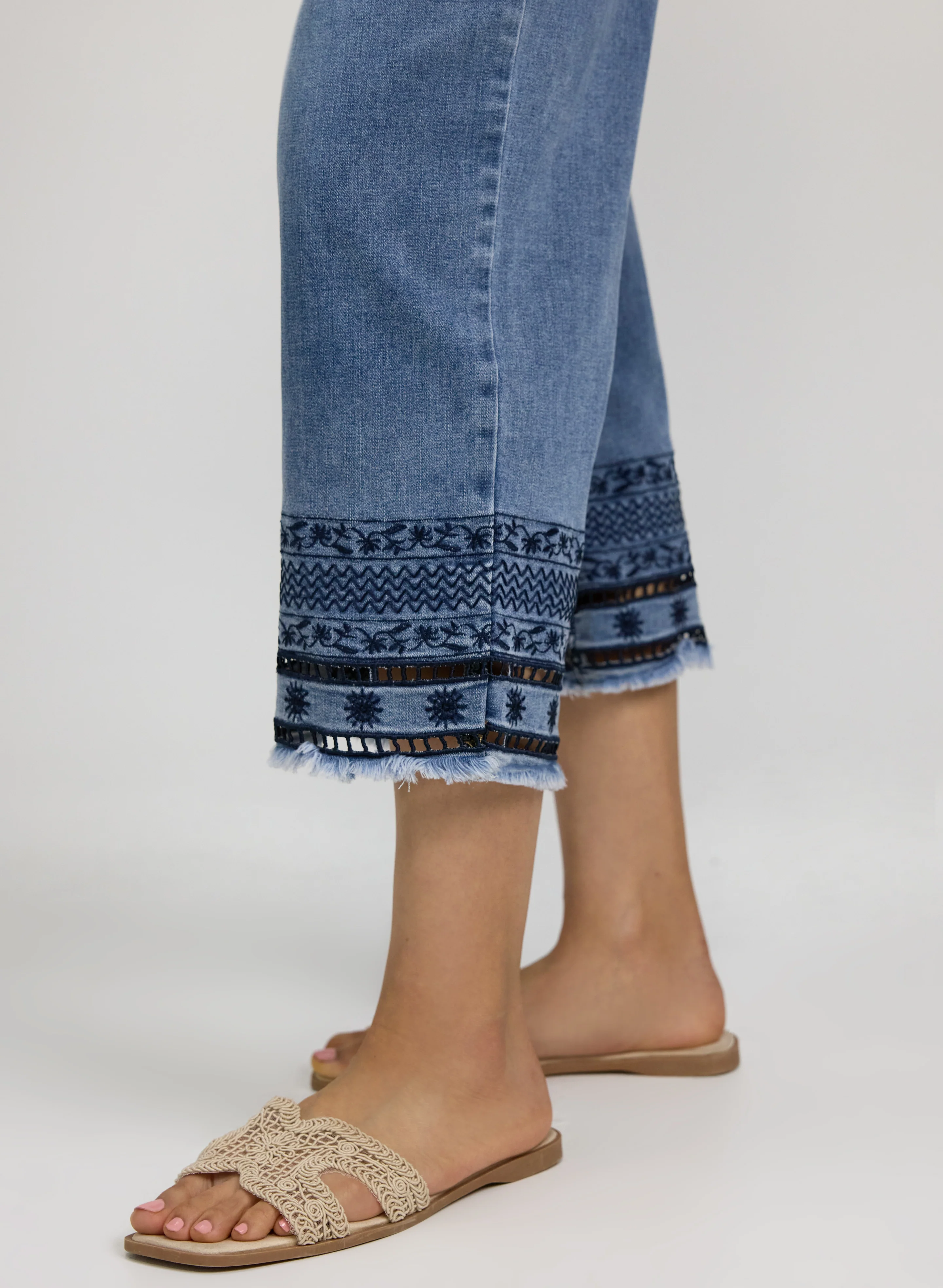 Denim Embroidered Hem Capris - Image 2