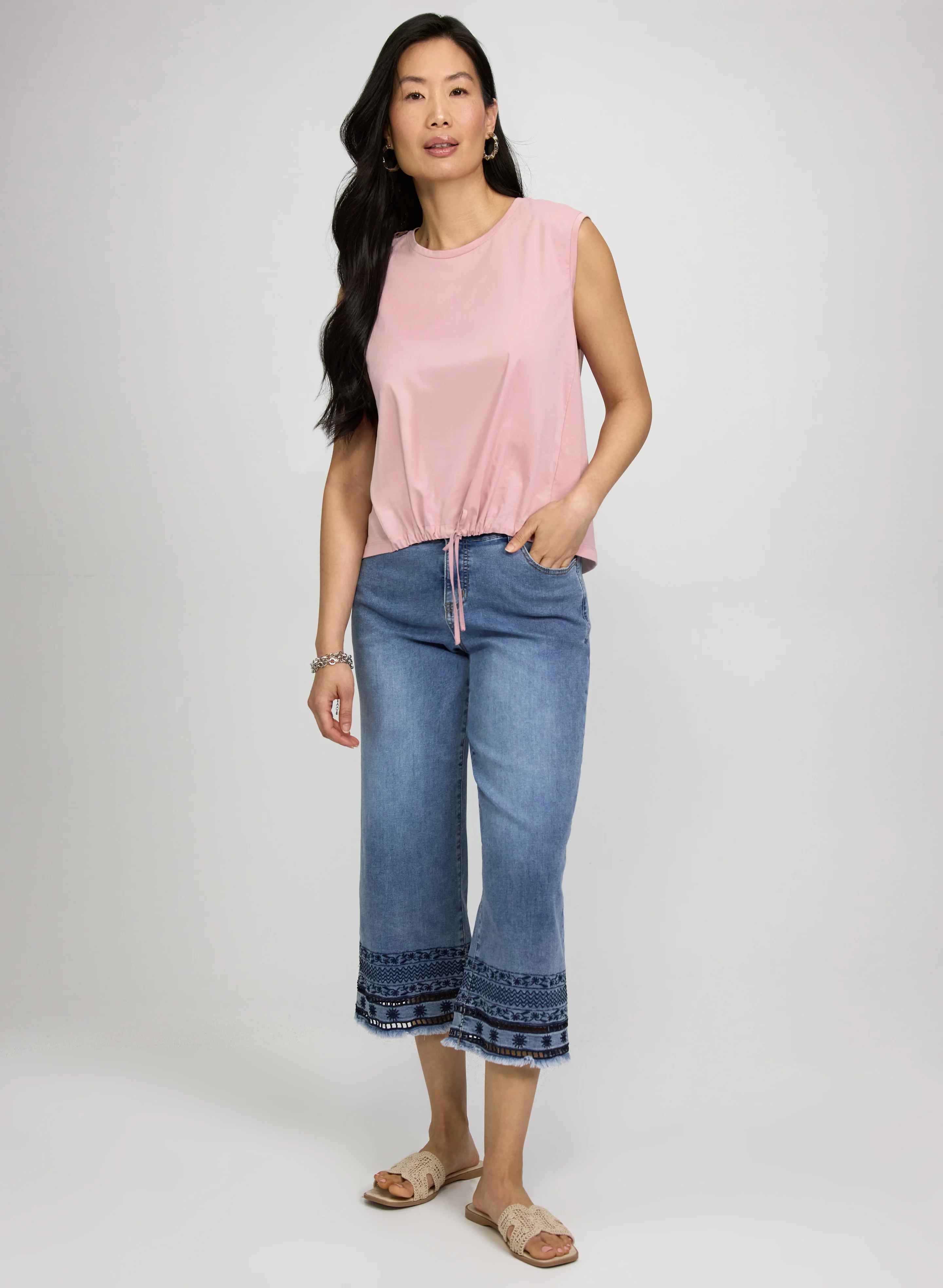 Denim Embroidered Hem Capris - Image 5