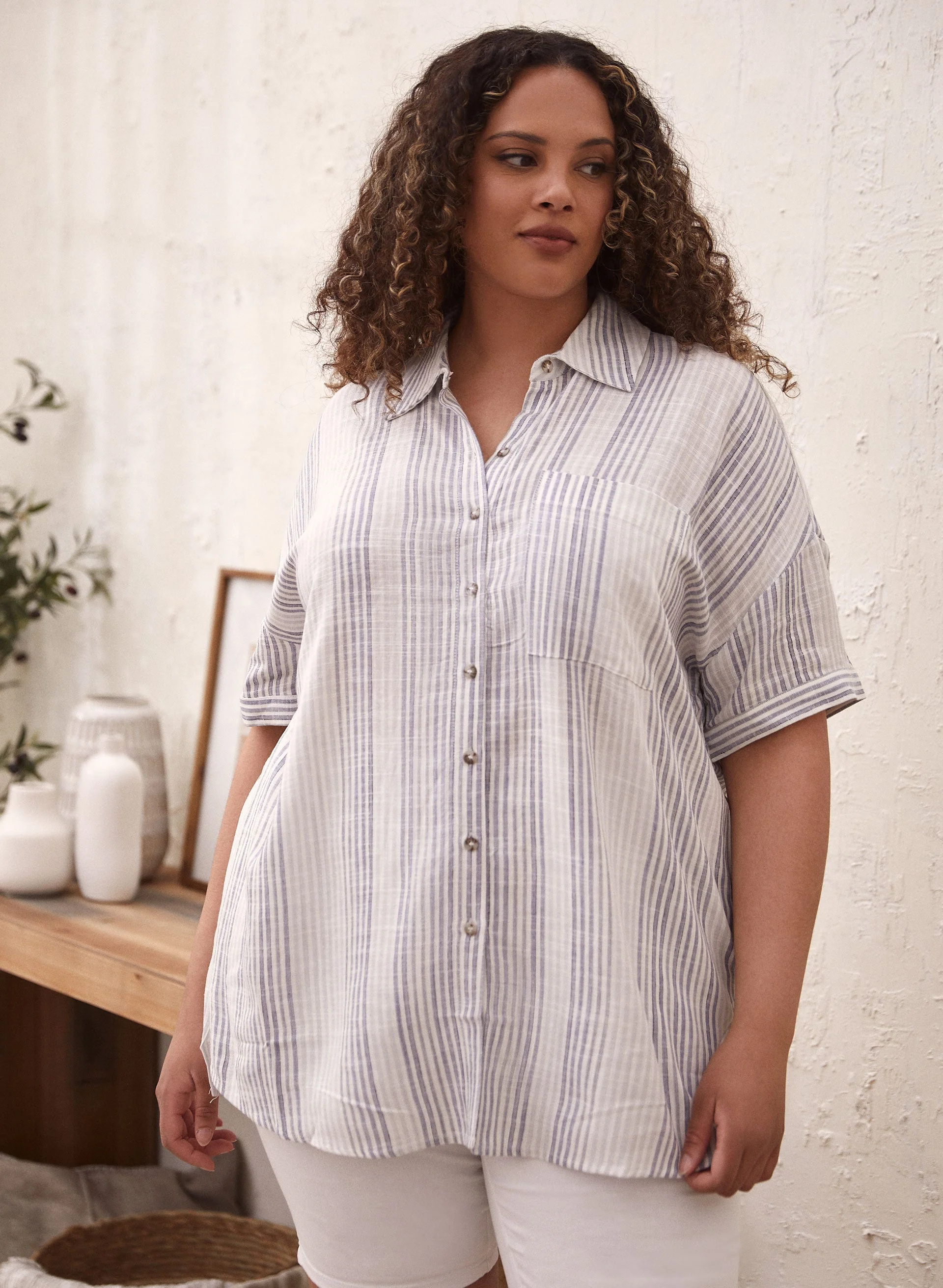 Dex - Stripe Print Linen Top - Image 2