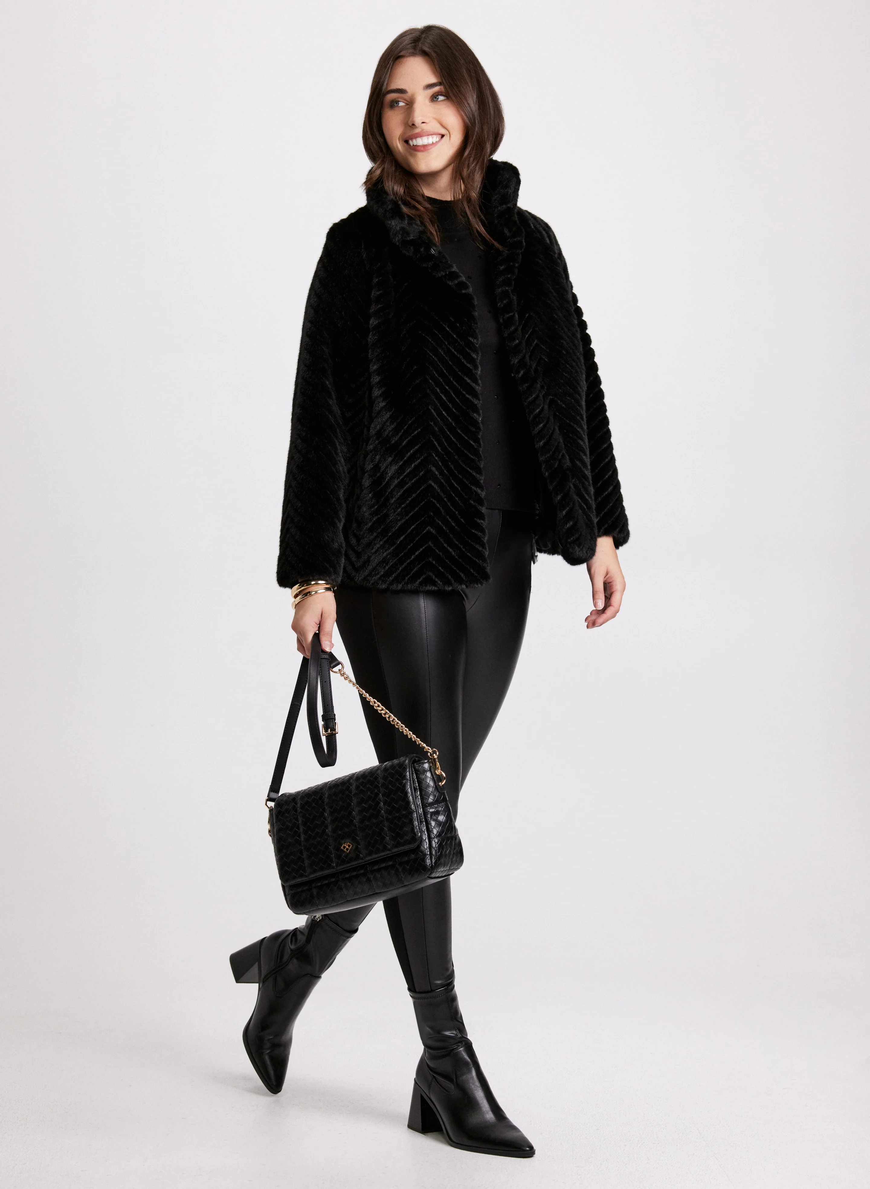 Herringbone Quilted Faux Fur Coat - Image 2