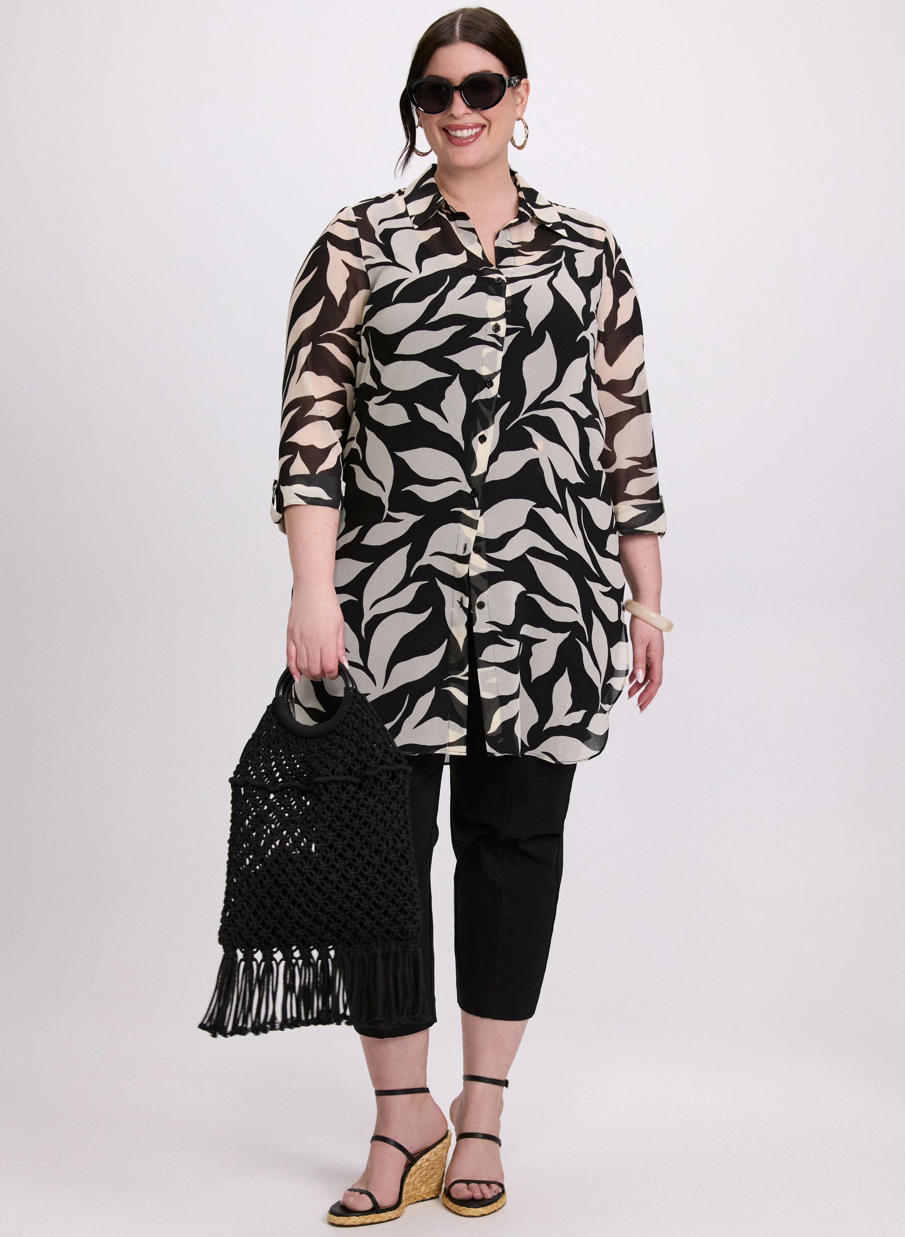 Leaf Print Button-Down Tunic Blouse - Image 3