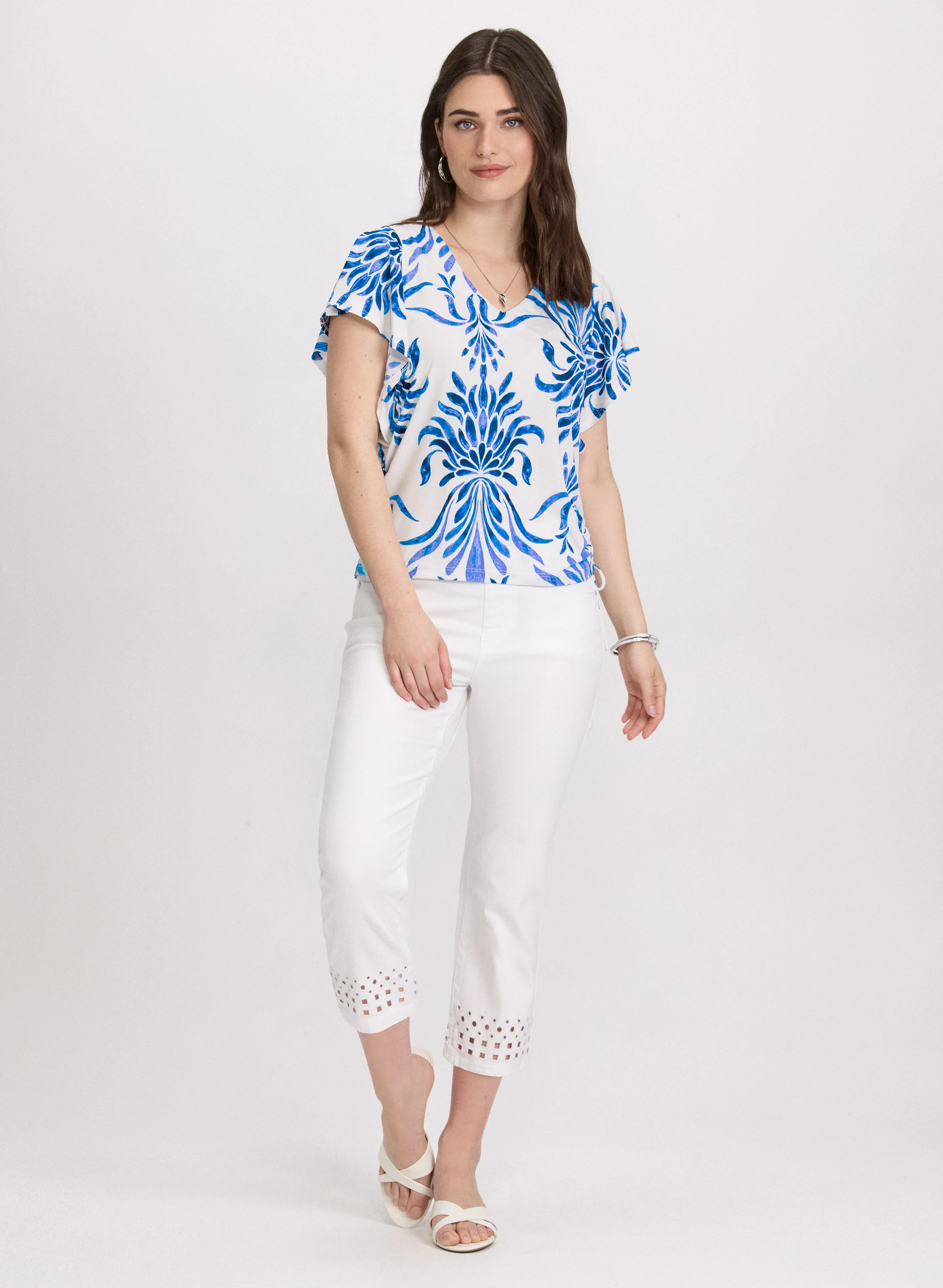 Leaf Print Flutter Sleeve Top - Image 3