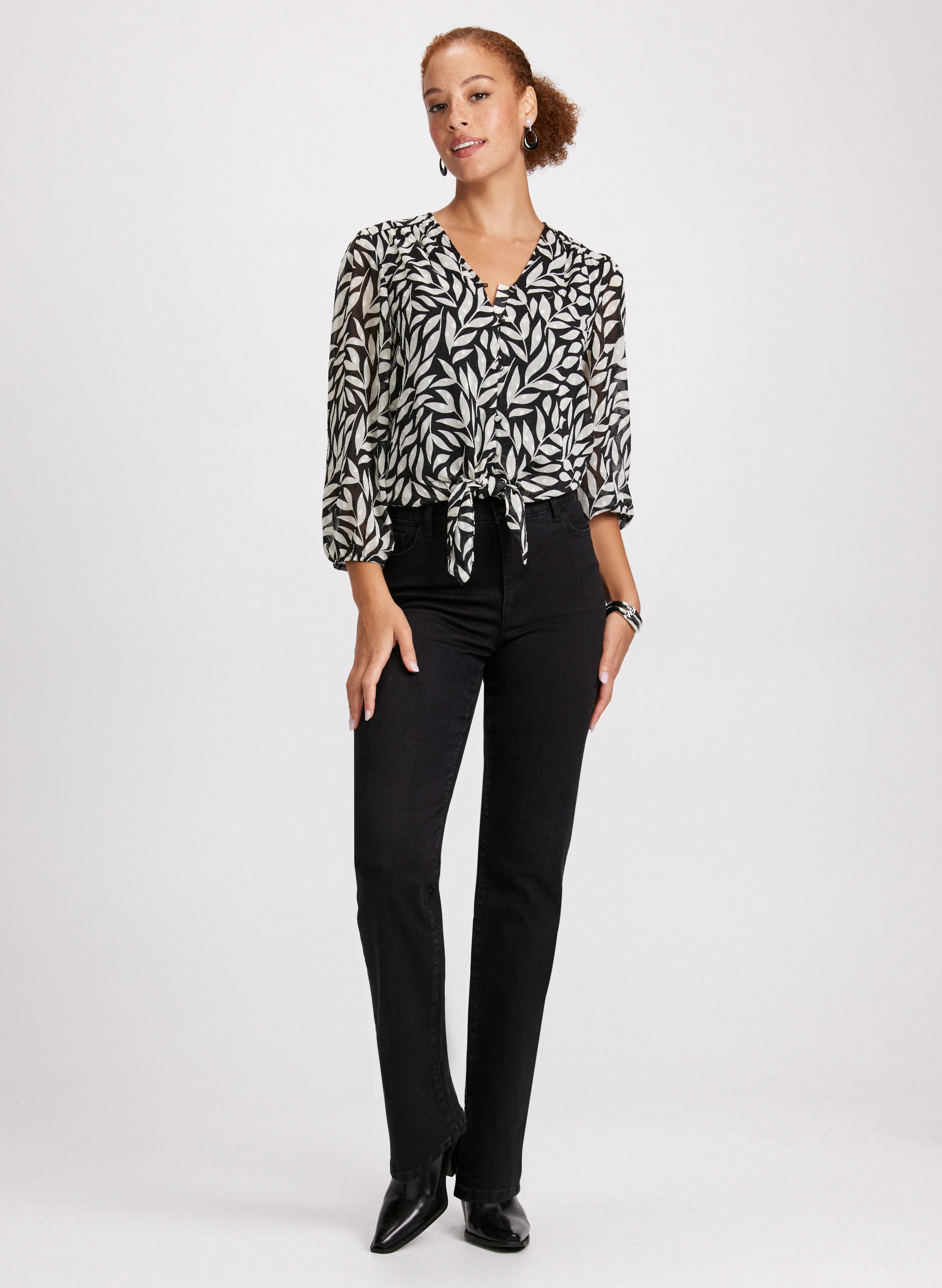 Leaf Print Tie-Front Blouse - Image 3