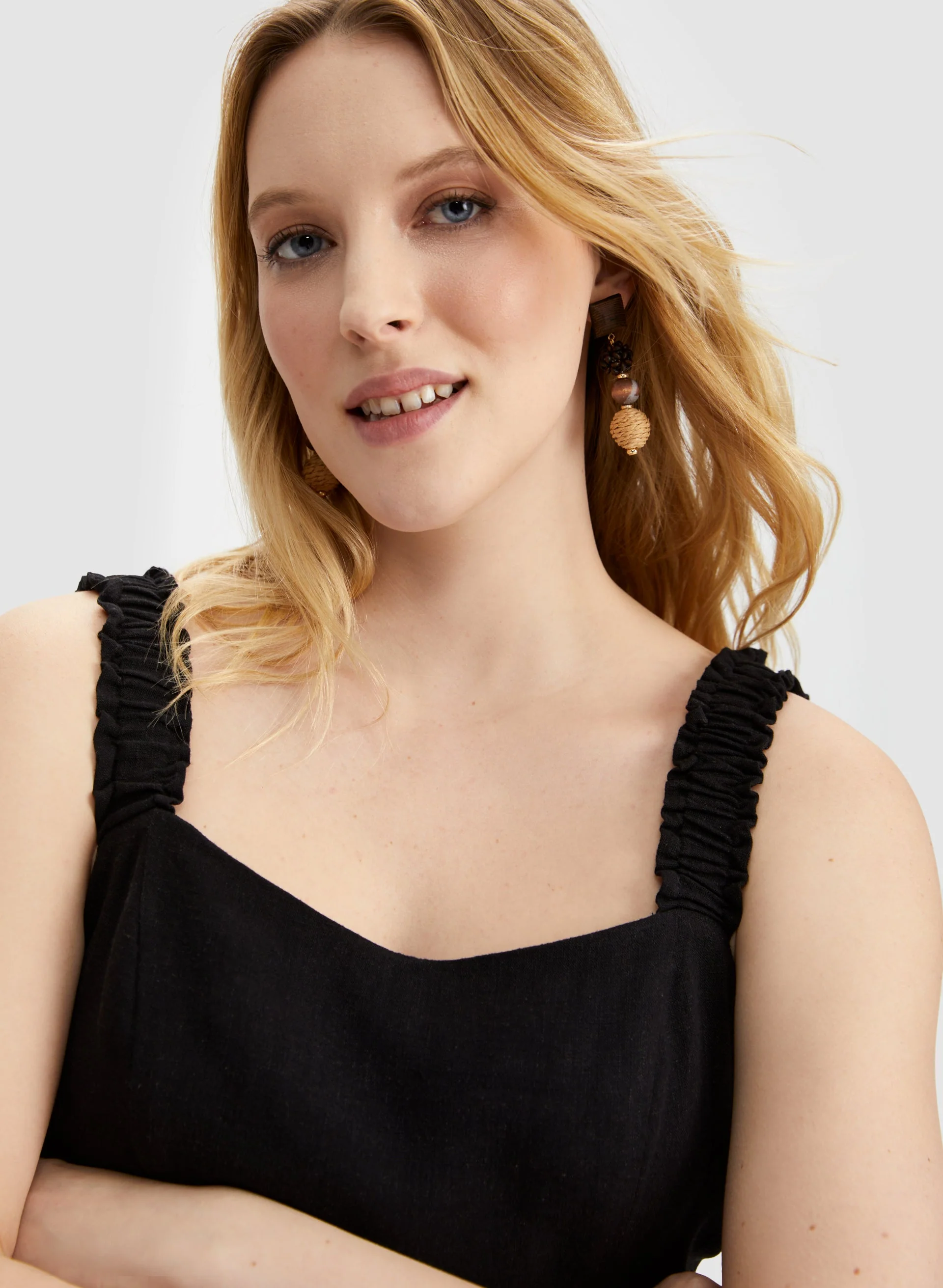 Linen Blend Elastic Strap Dress - Image 4