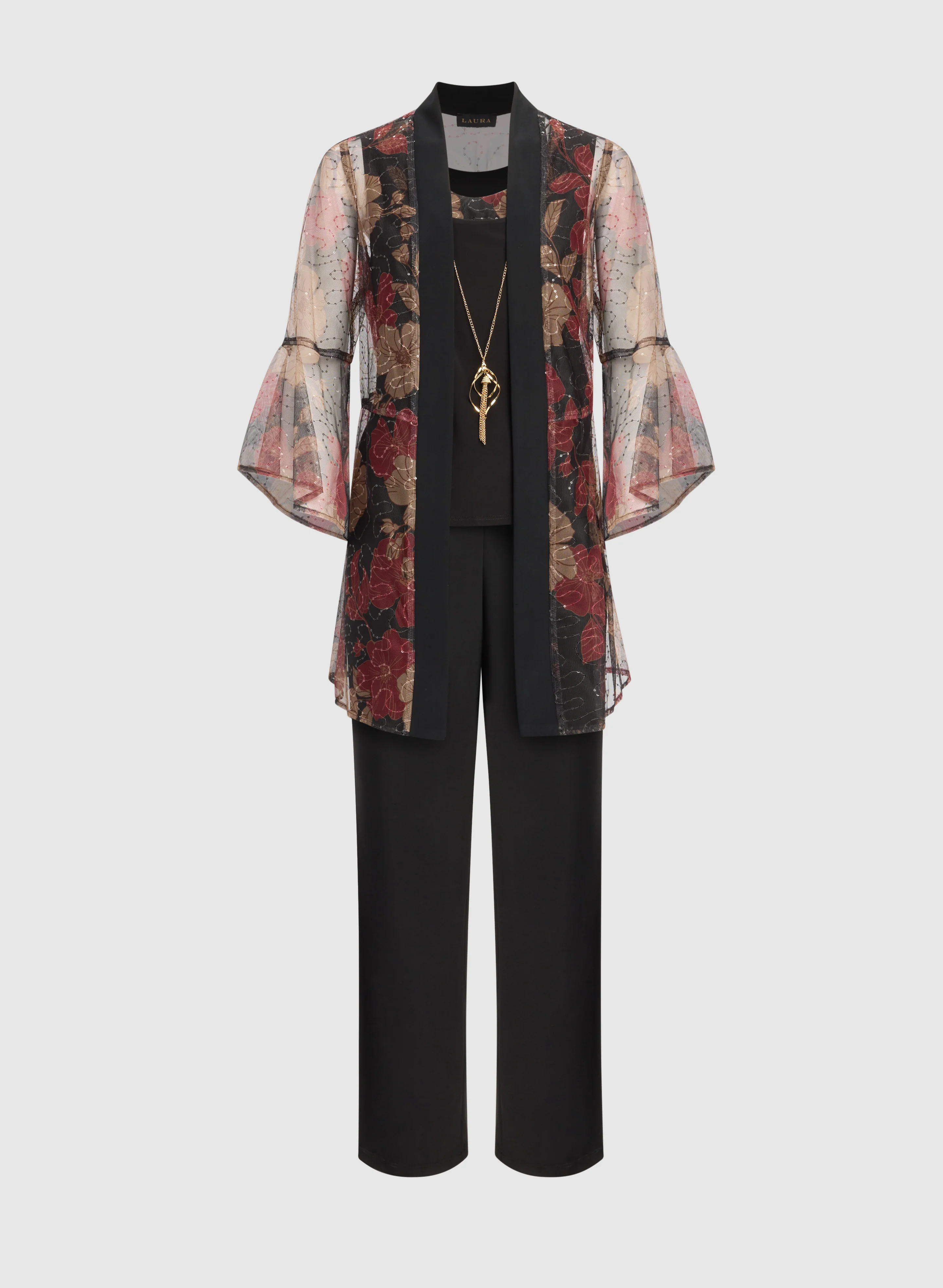 Mesh Floral Jacket, Top & Pants Set - Image 6