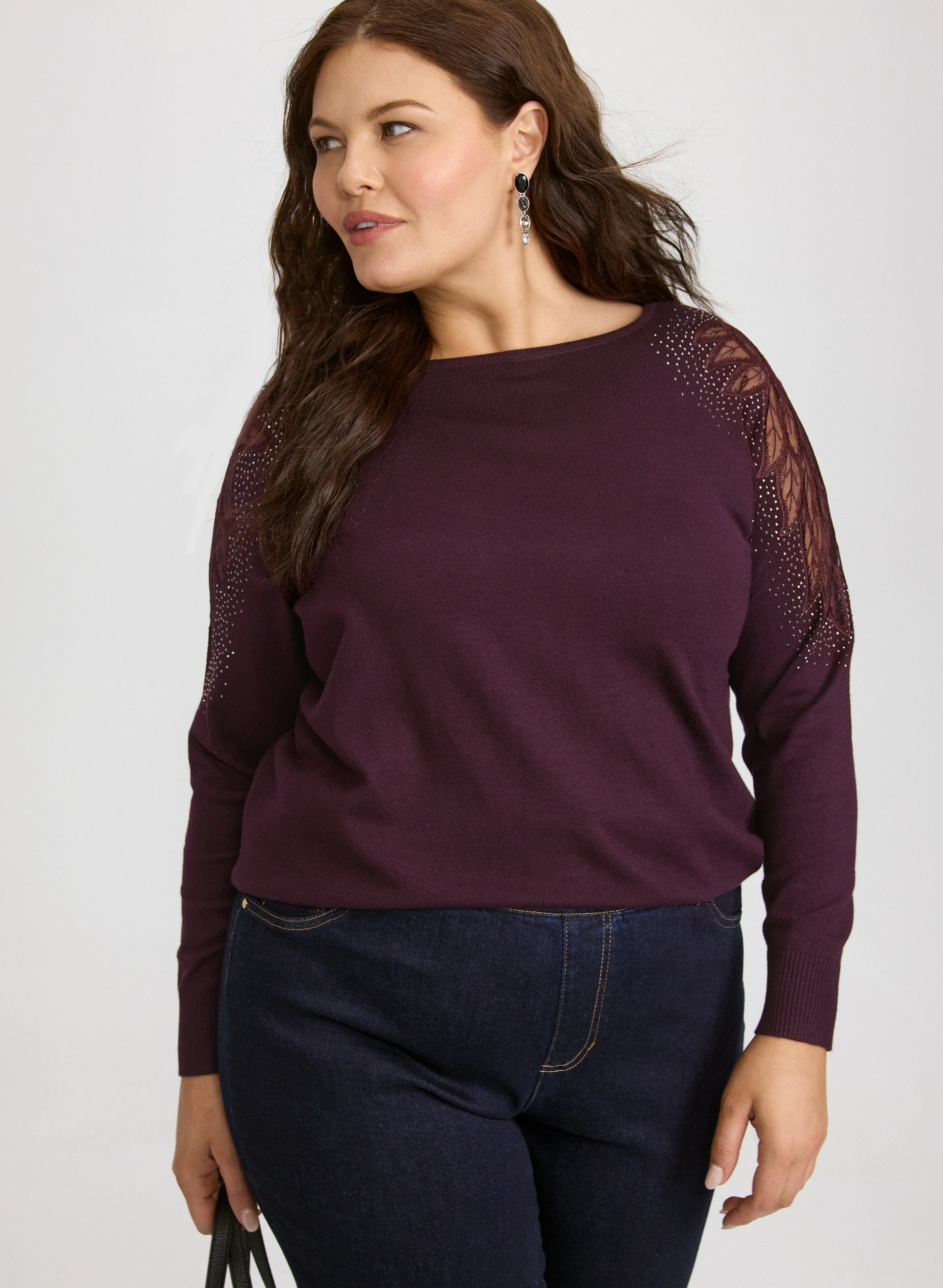 Mesh & Rhinestone Sleeve Sweater