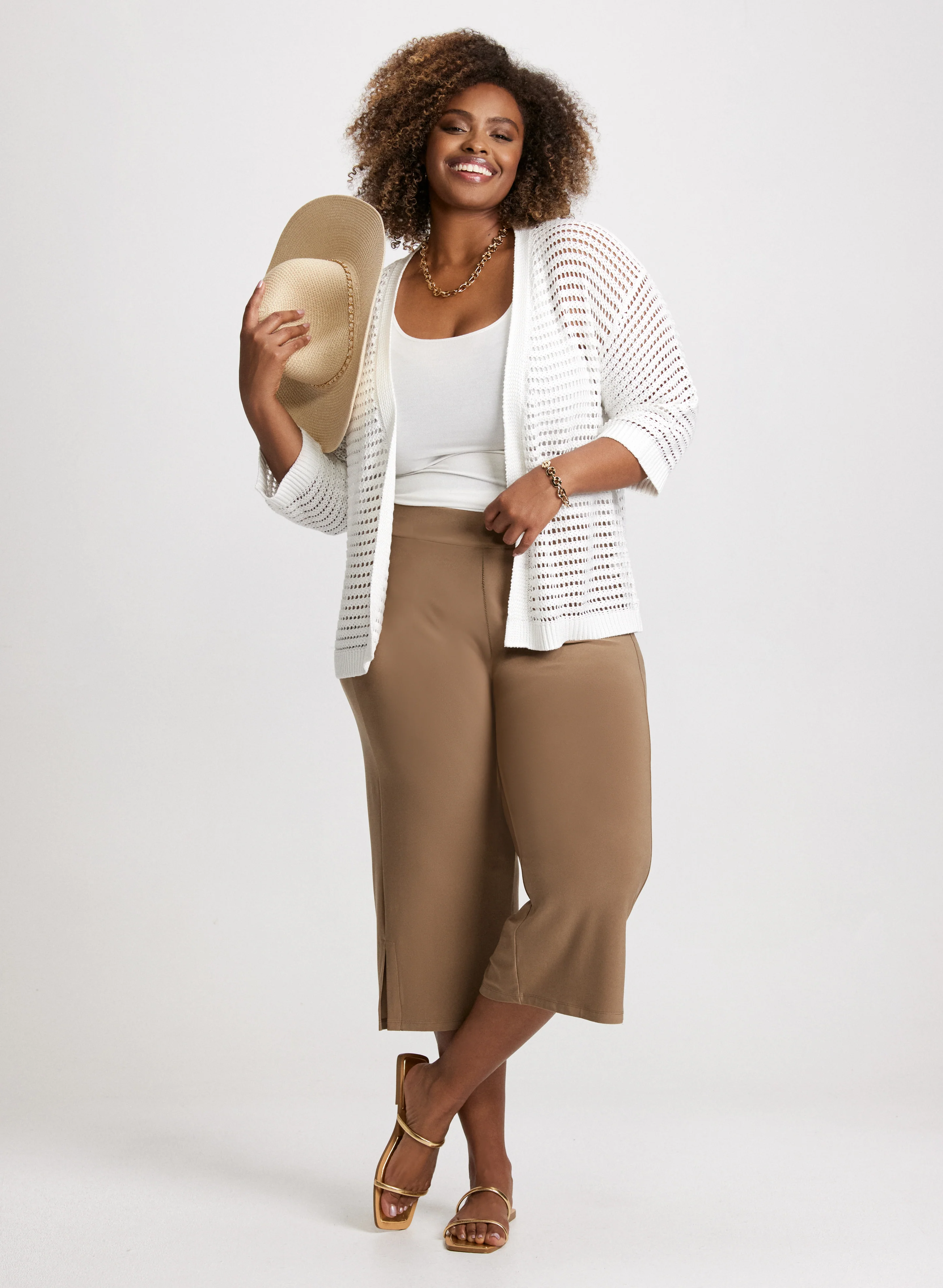 Open Front Knitted Cardigan & Side Slit Pull-On Capris - Image 2