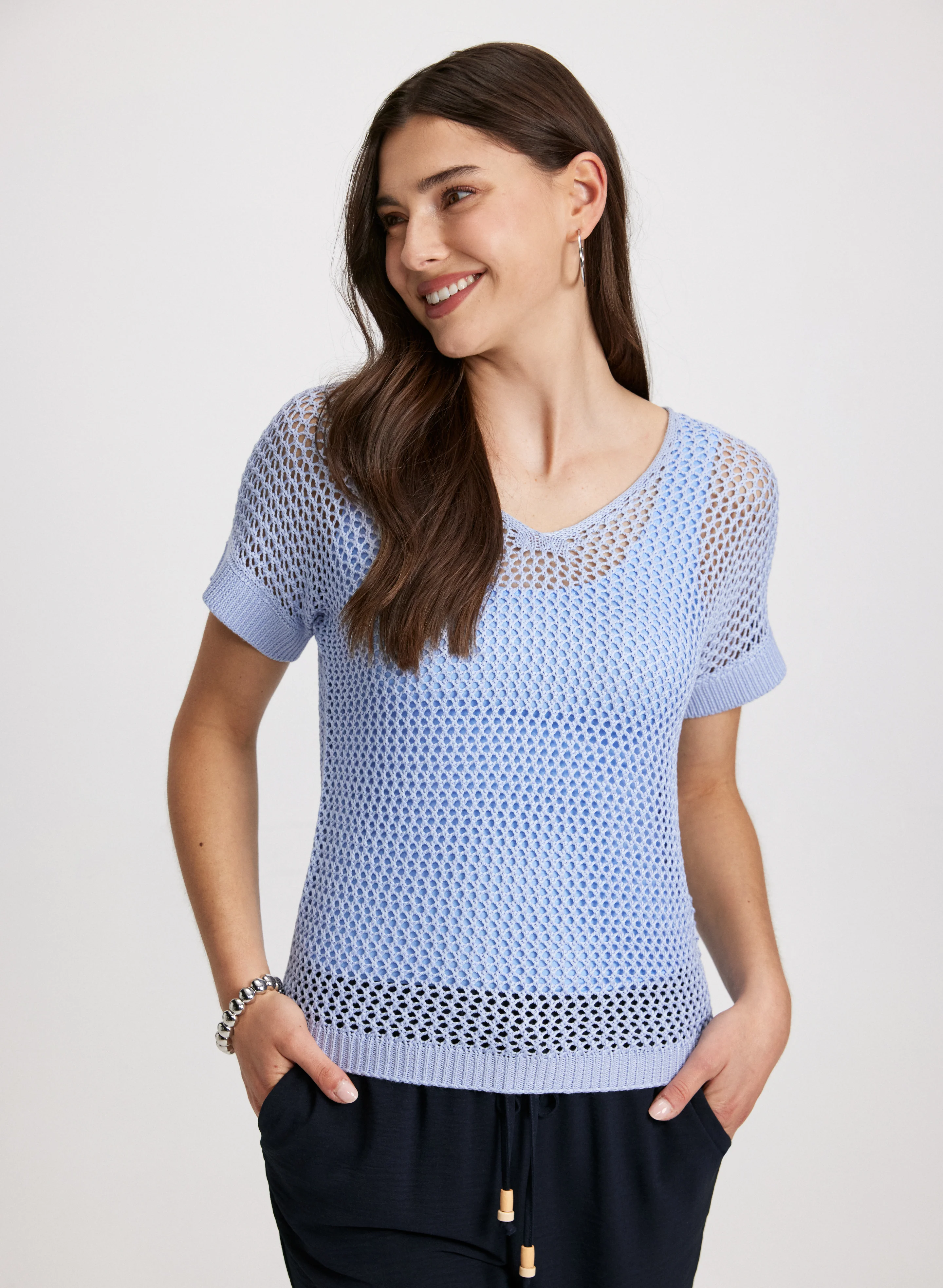 Openwork Knit Short Sleeve Sweater - Image 5