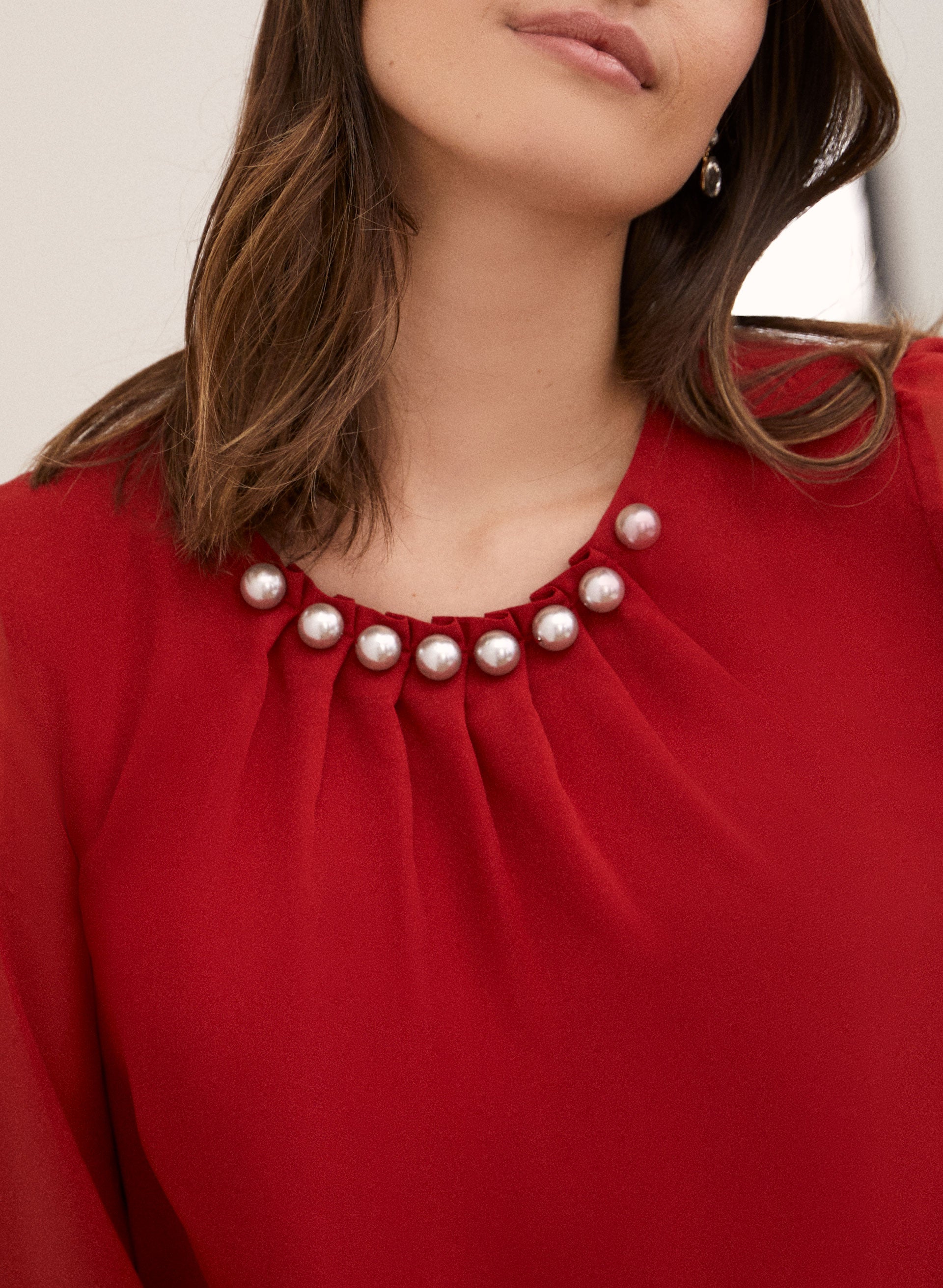 Pearl Detail Smocked Sleeve Blouse - Image 2