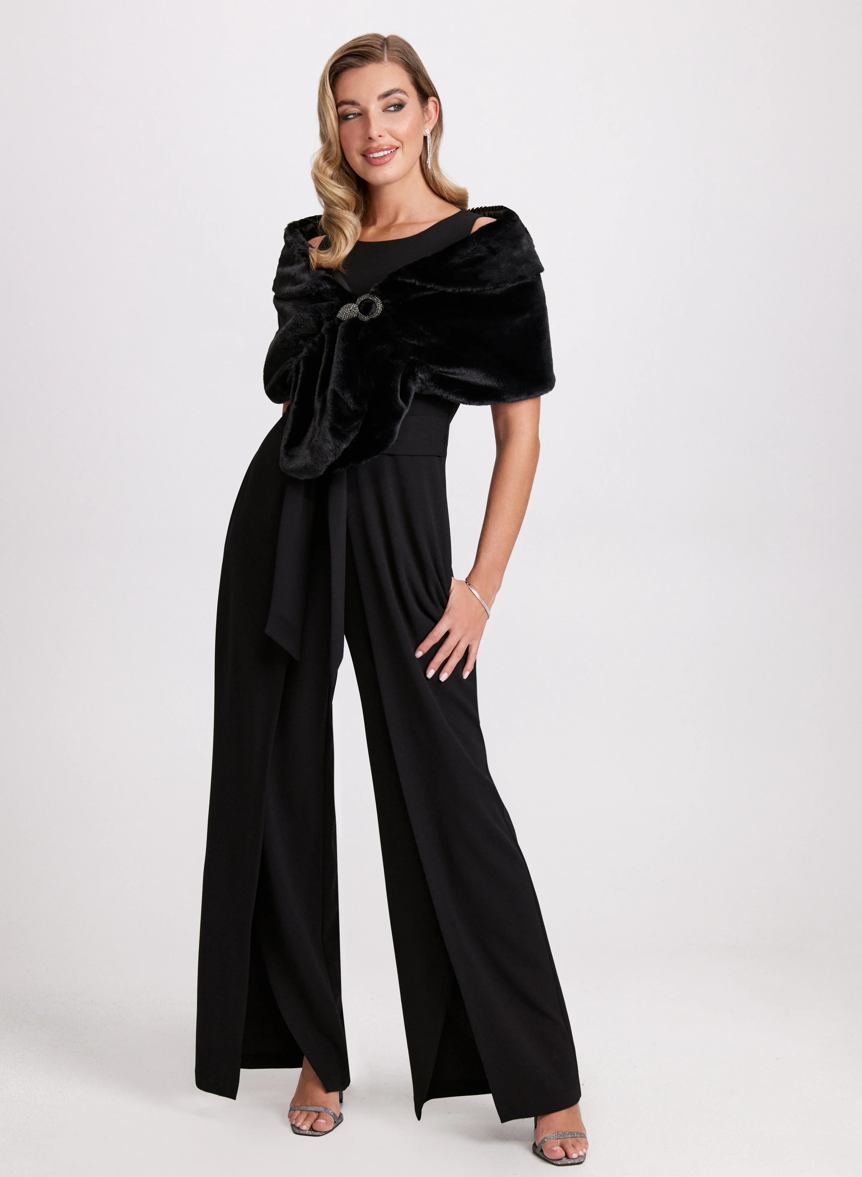 Rhinestone Clip Faux Fur Stole - Image 3