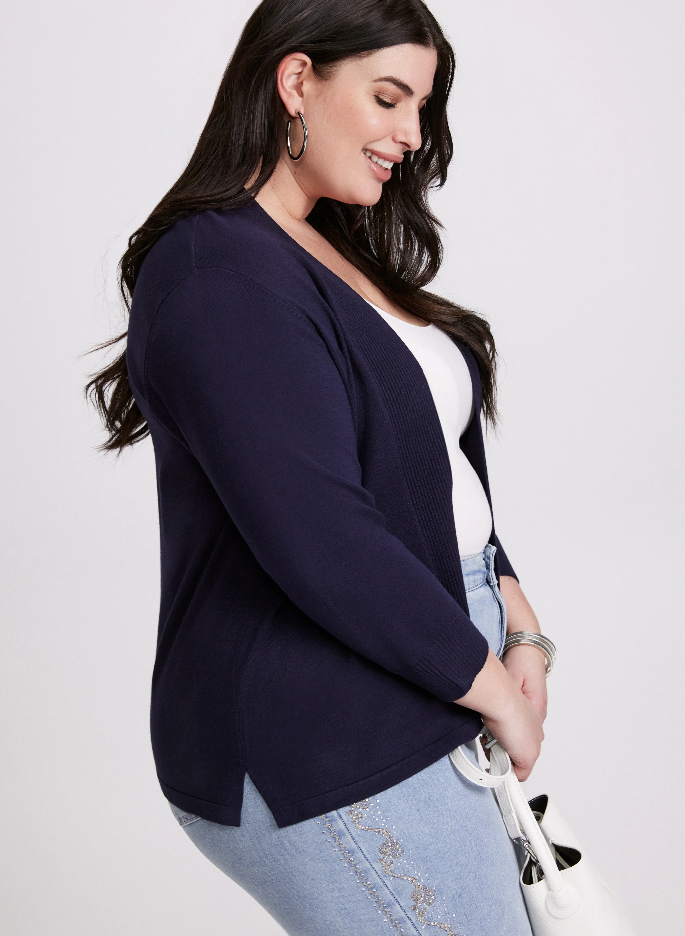 Ribbed Trim Open-Front Cardigan - Image 2