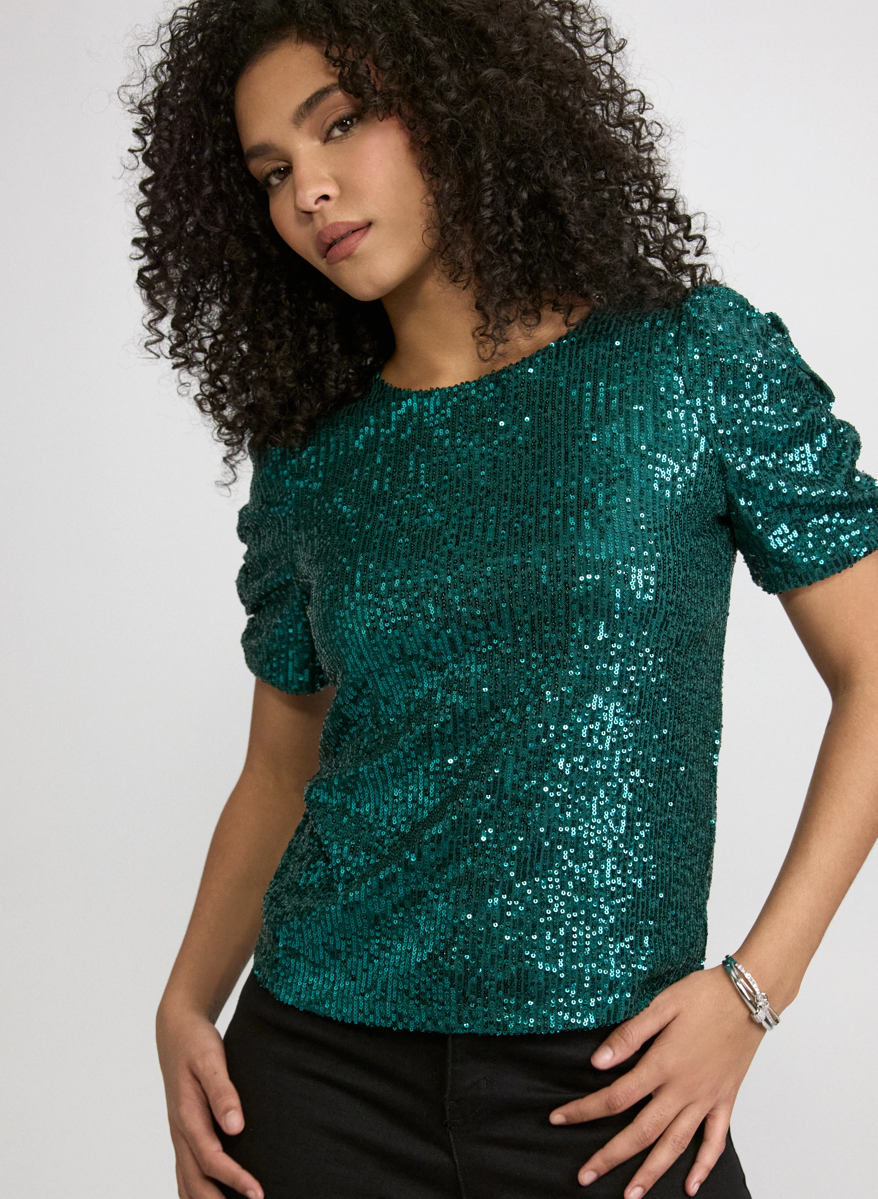 Ruched Sleeve Sequin Top