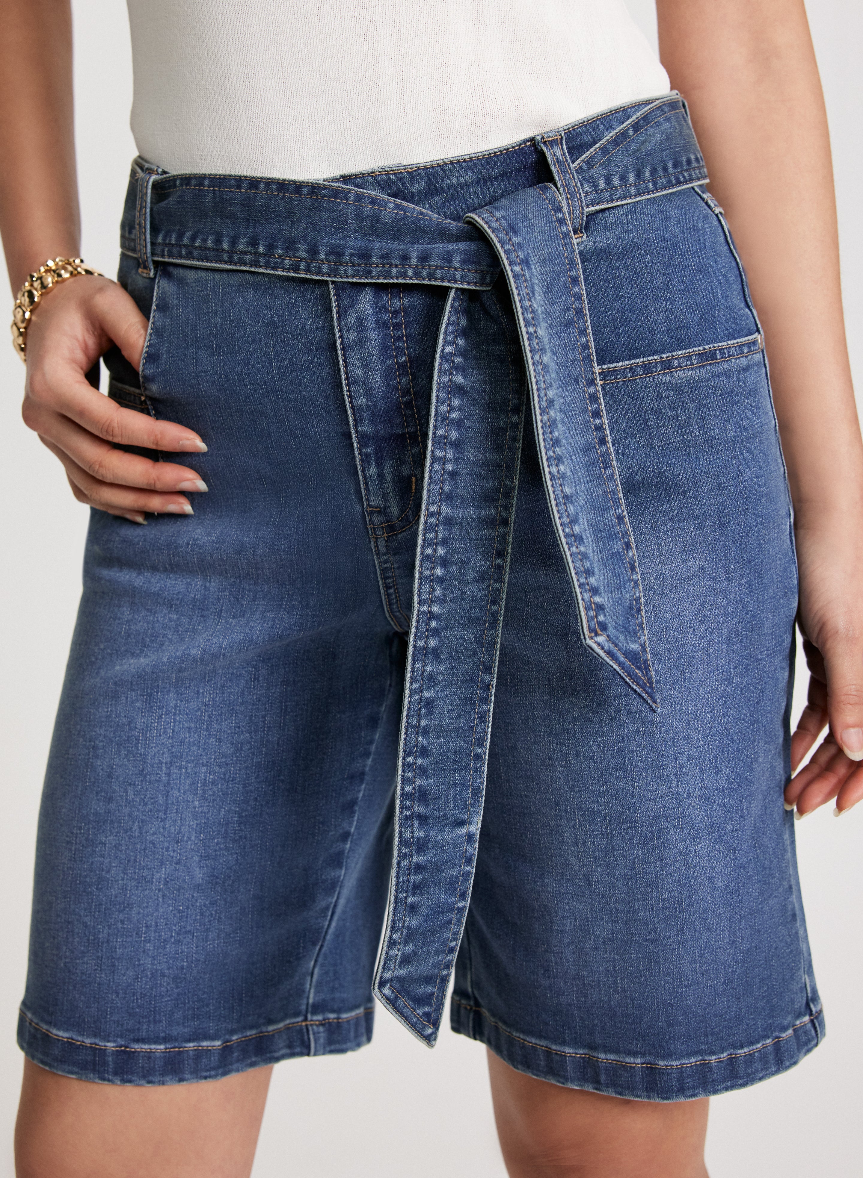 Self-Tie Belted Denim Shorts - Image 4
