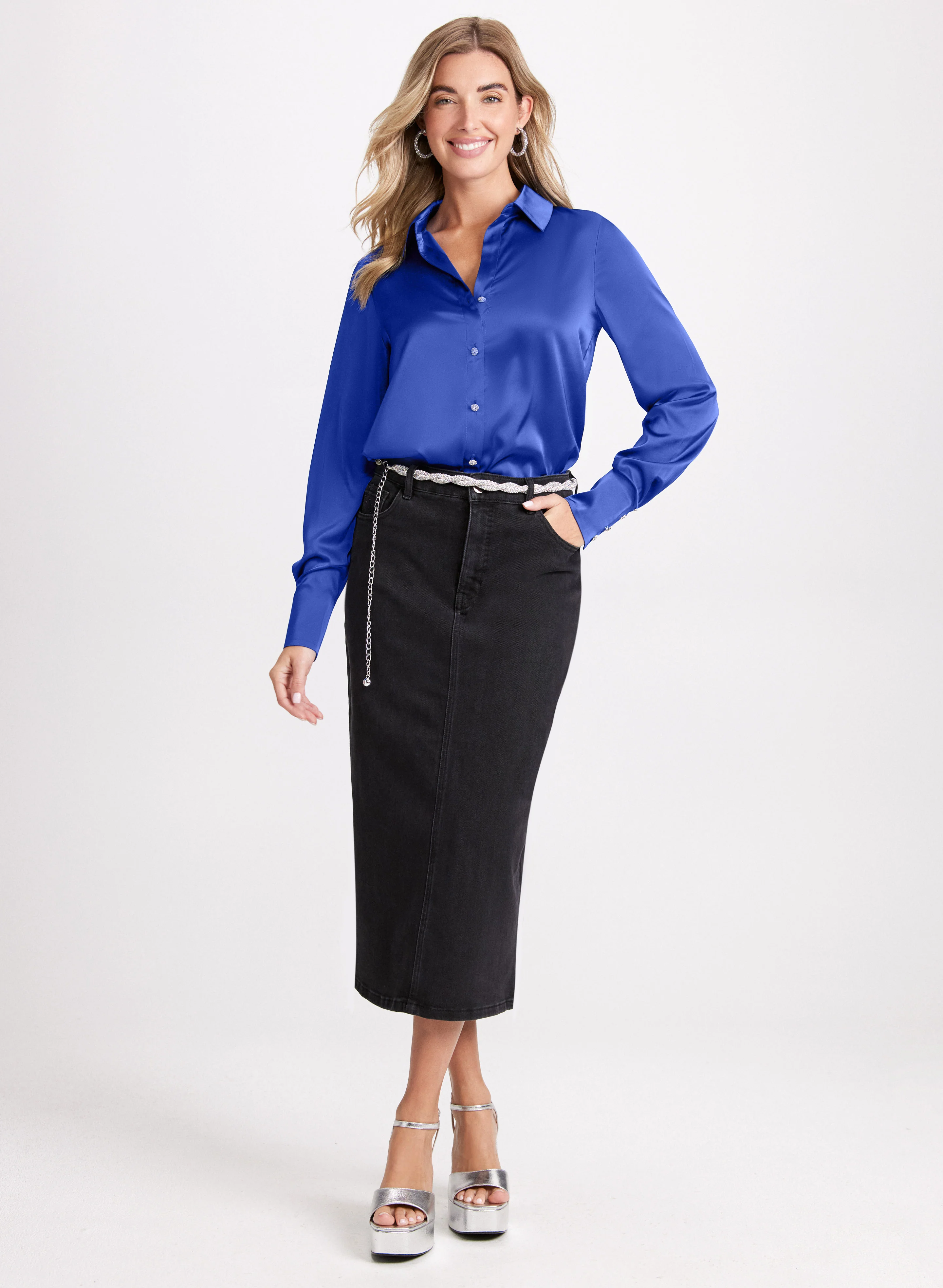 Satin Rhinestone Button Blouse - Image 3