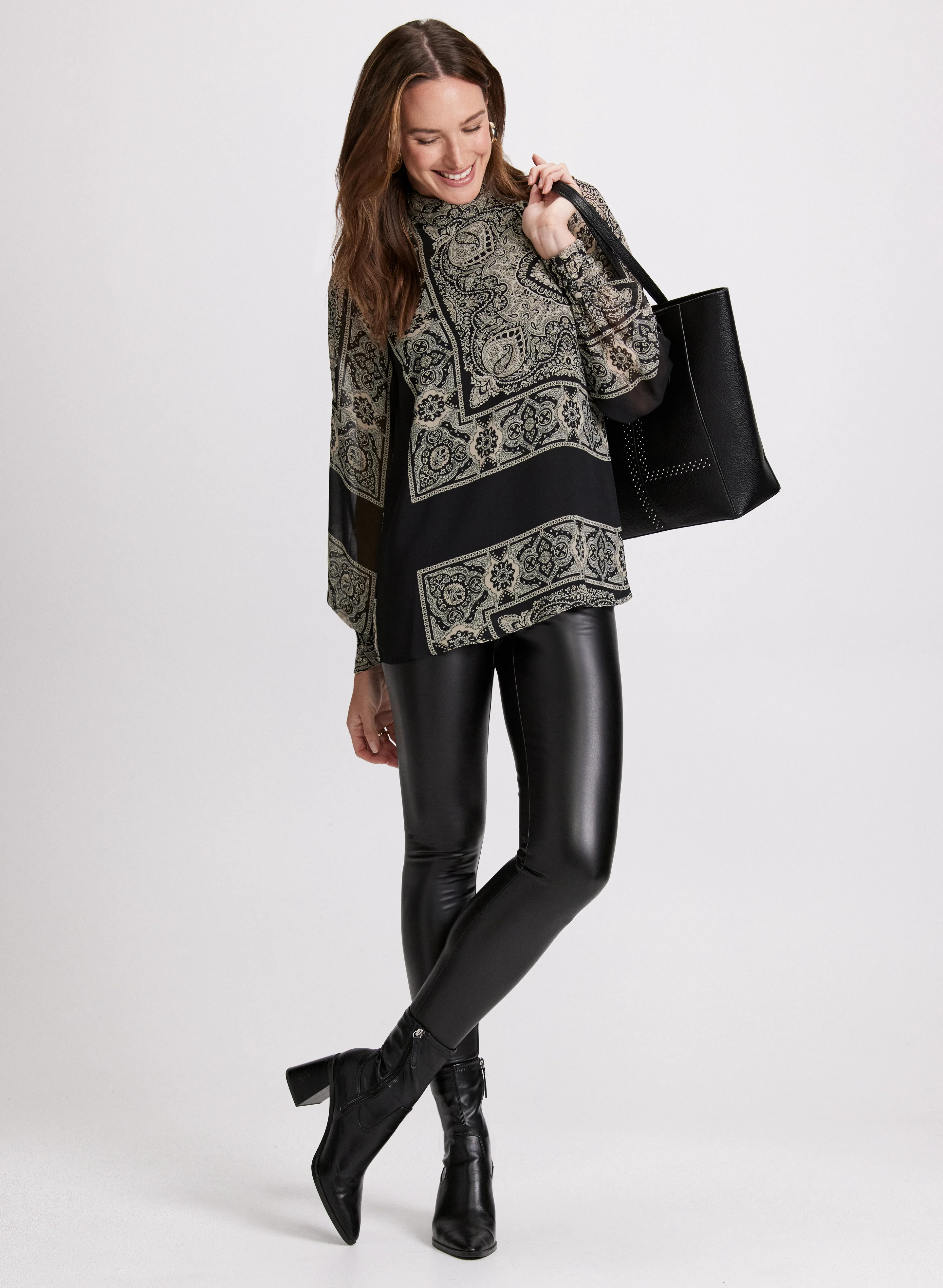 Scarf Print Mock Neck Blouse - Image 3