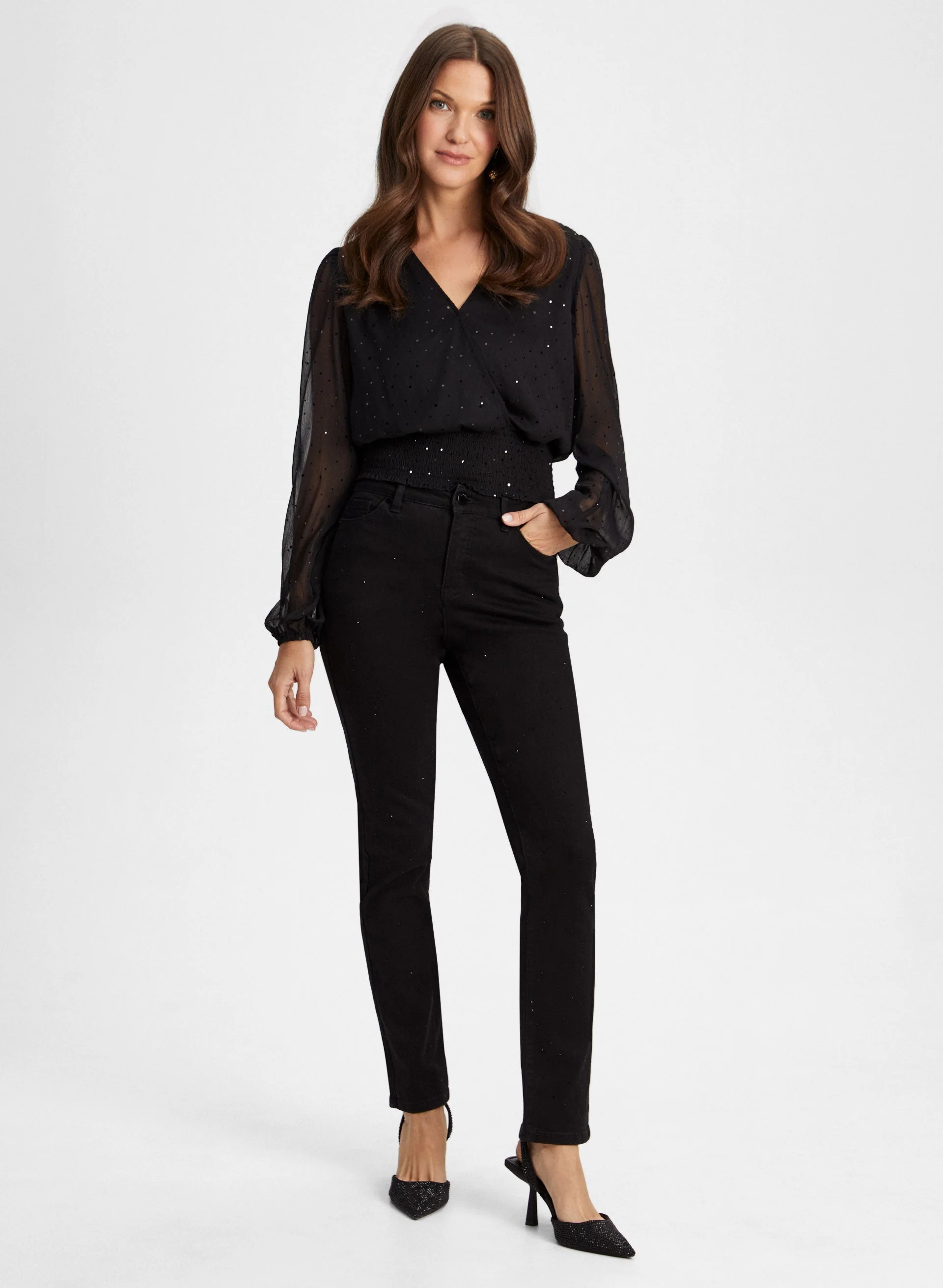 Sequin Detail Mesh Sleeve Top - Image 3
