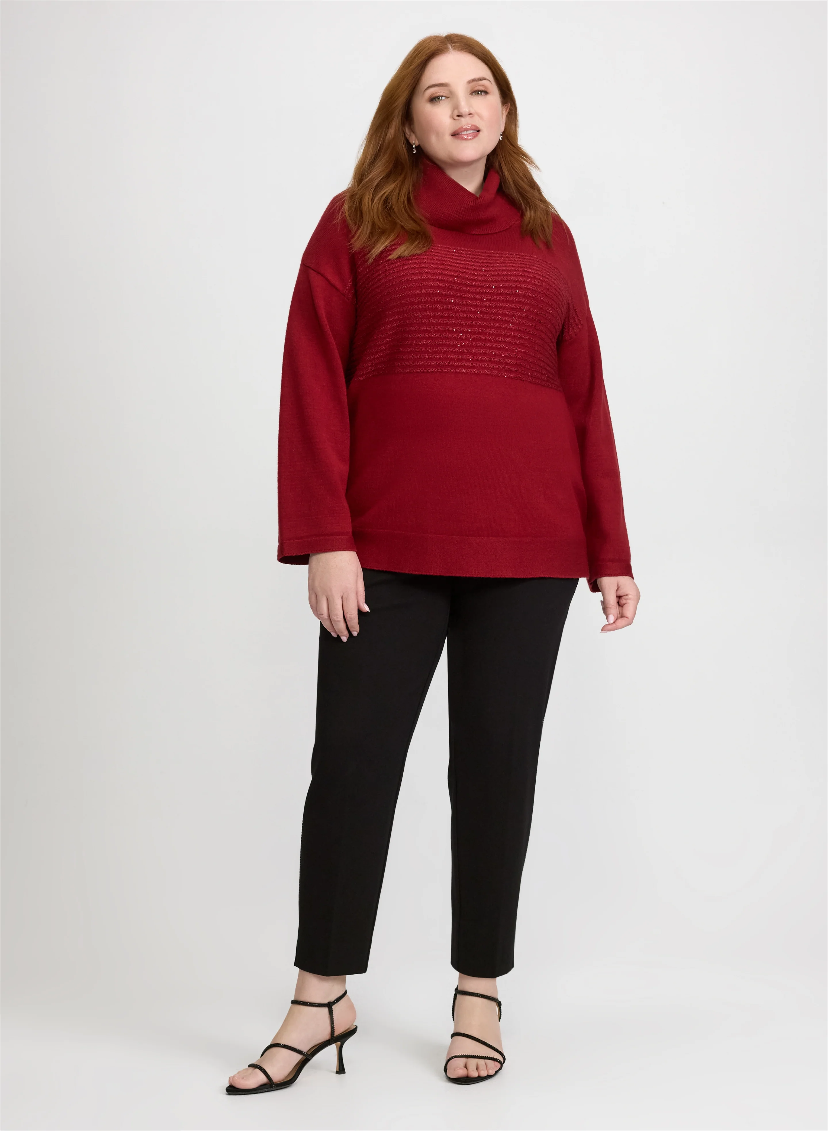 Sequin Striped Cowl Neck Sweater & Sofia Metallic Stitch Slim-Leg Pants
