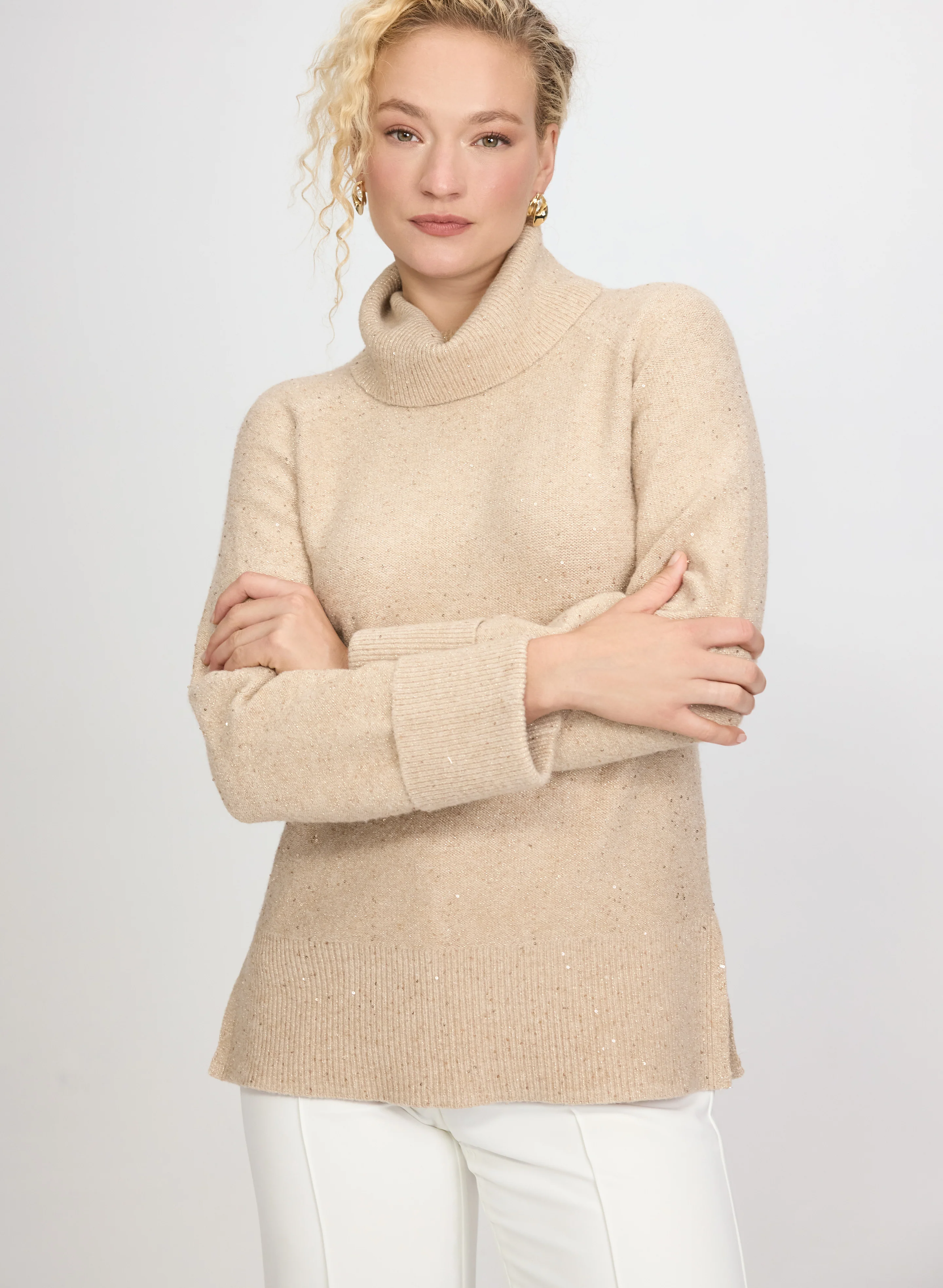 Sequined Cowl Neck Tunic Sweater