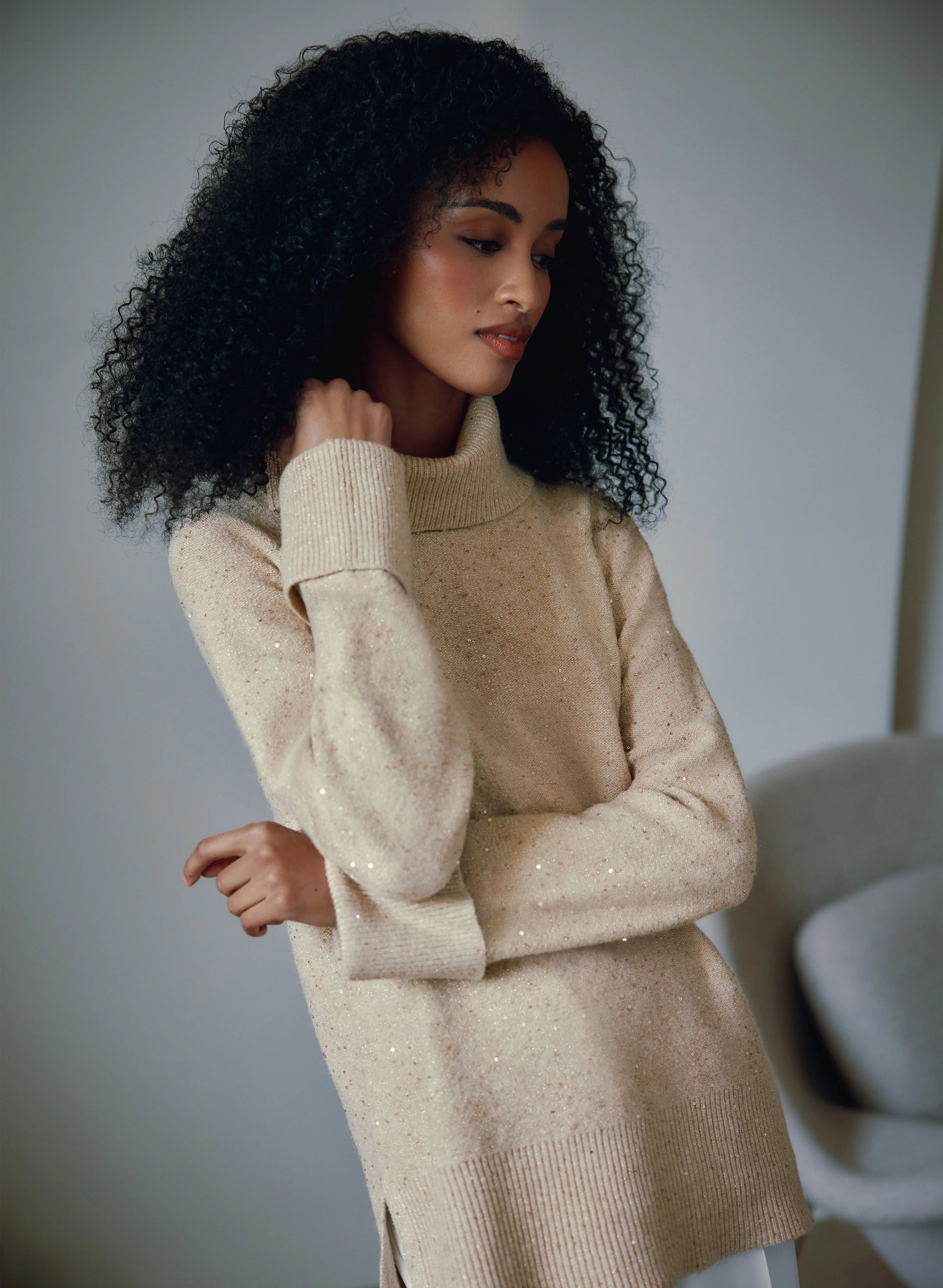 Sequined Cowl Neck Tunic Sweater - Image 3
