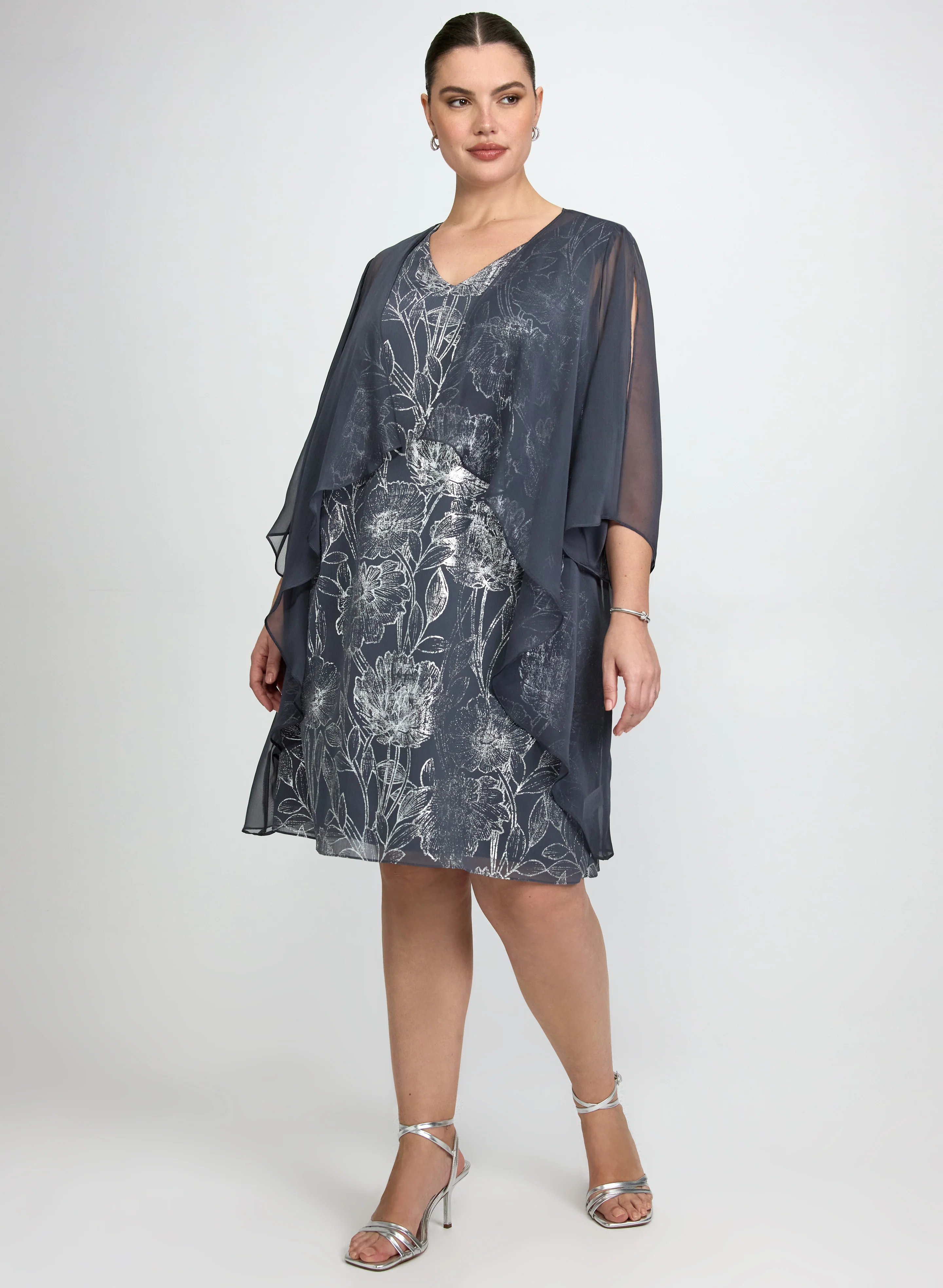 Sheer Cape & Metallic Floral Dress Set