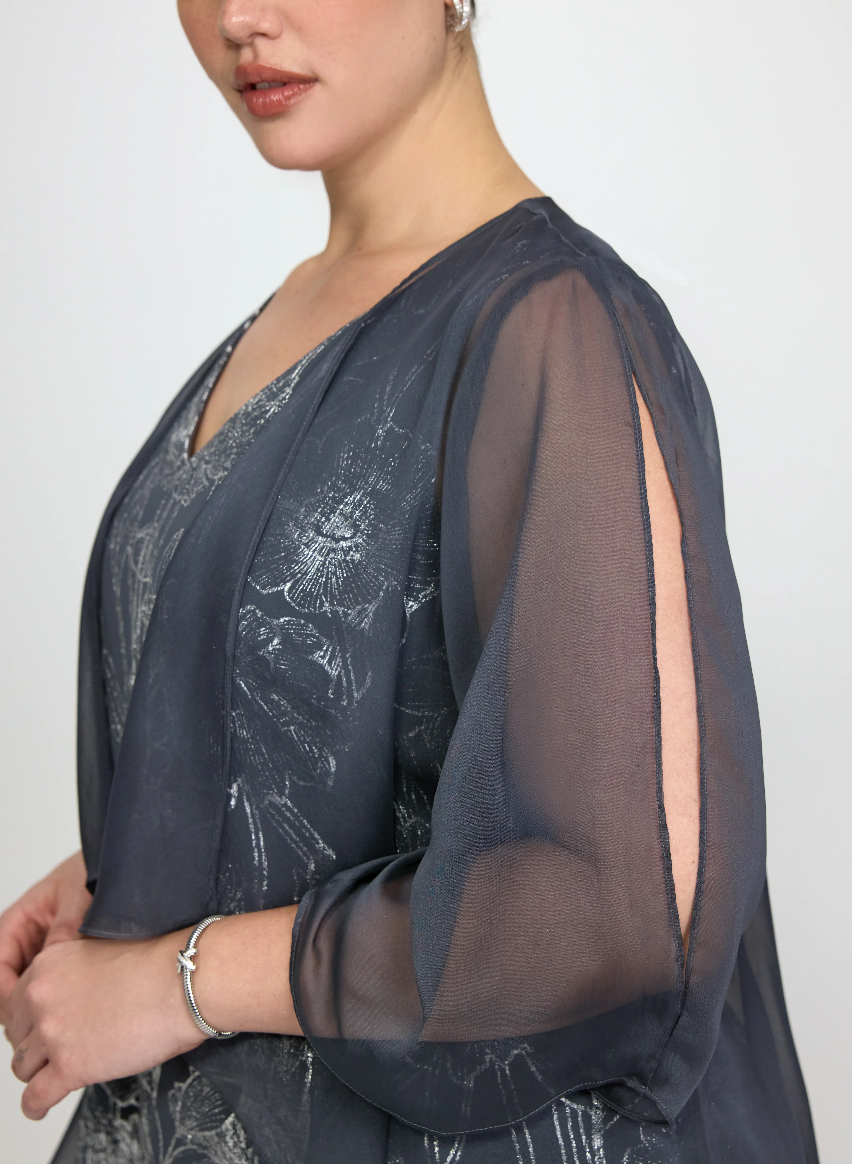 Sheer Cape & Metallic Floral Dress Set - Image 5