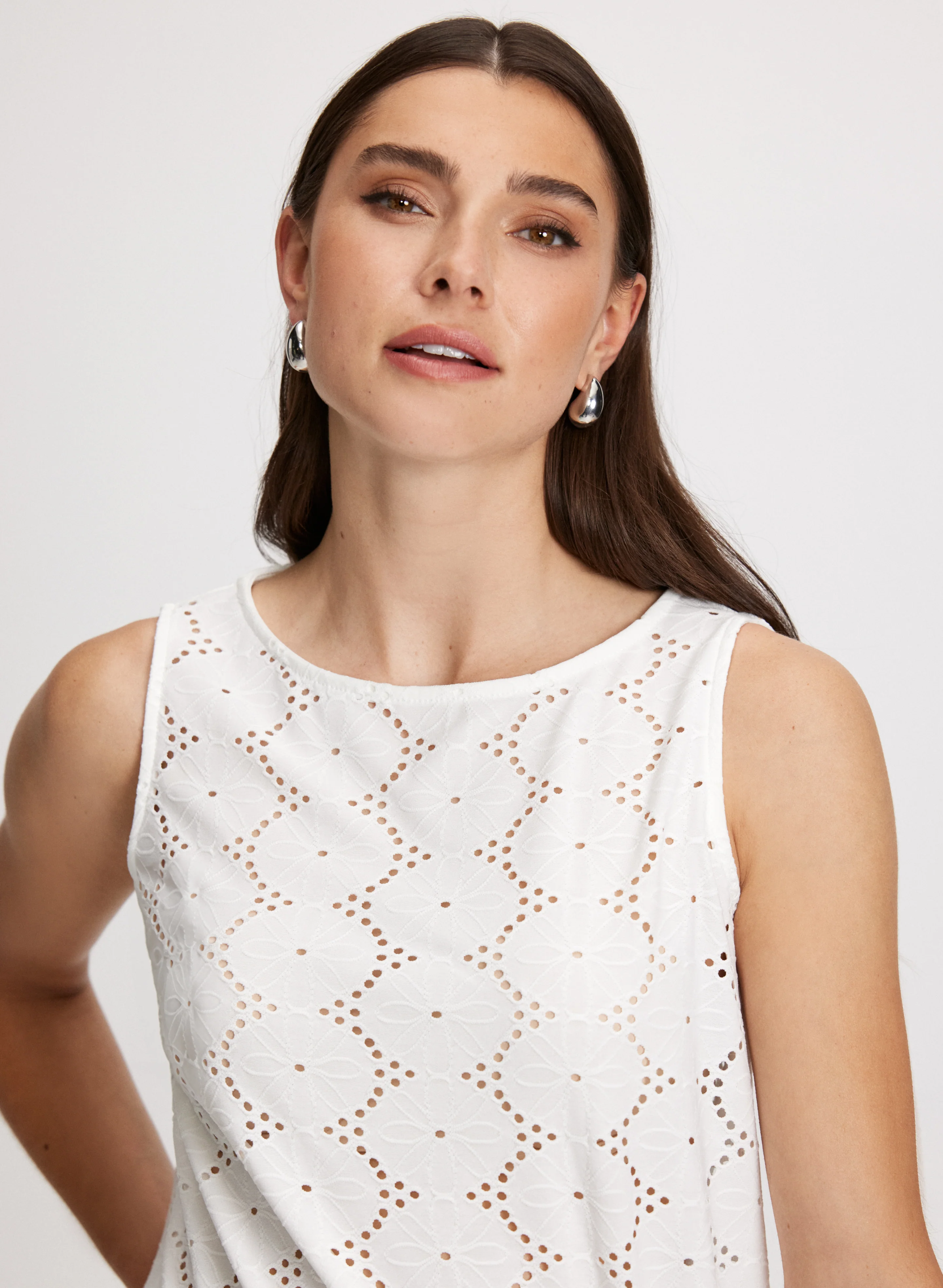 Sleeveless Boat-Neck Eyelet Top - Image 2
