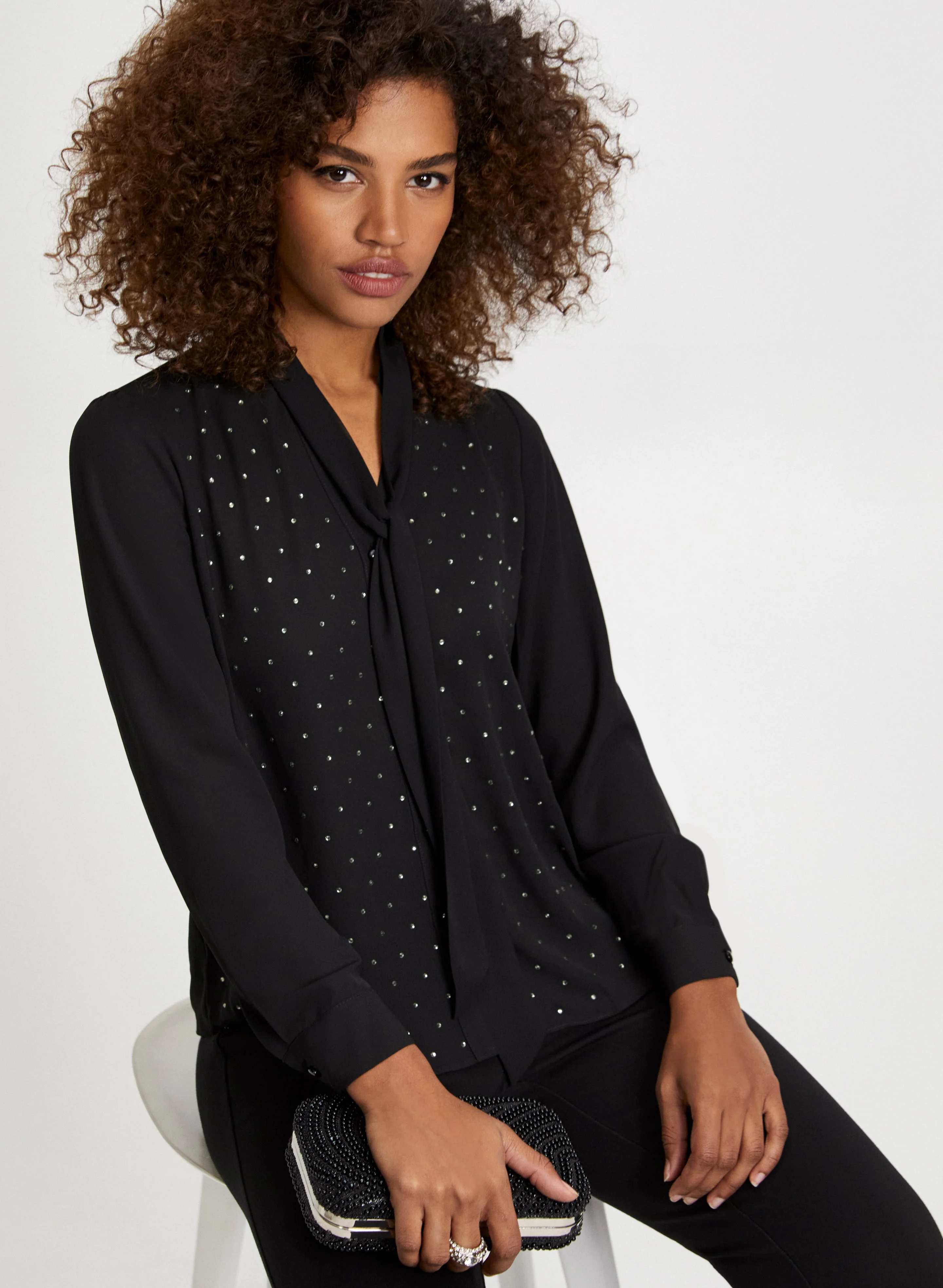 Tie Neck Rhinestone Detail Blouse - Image 5