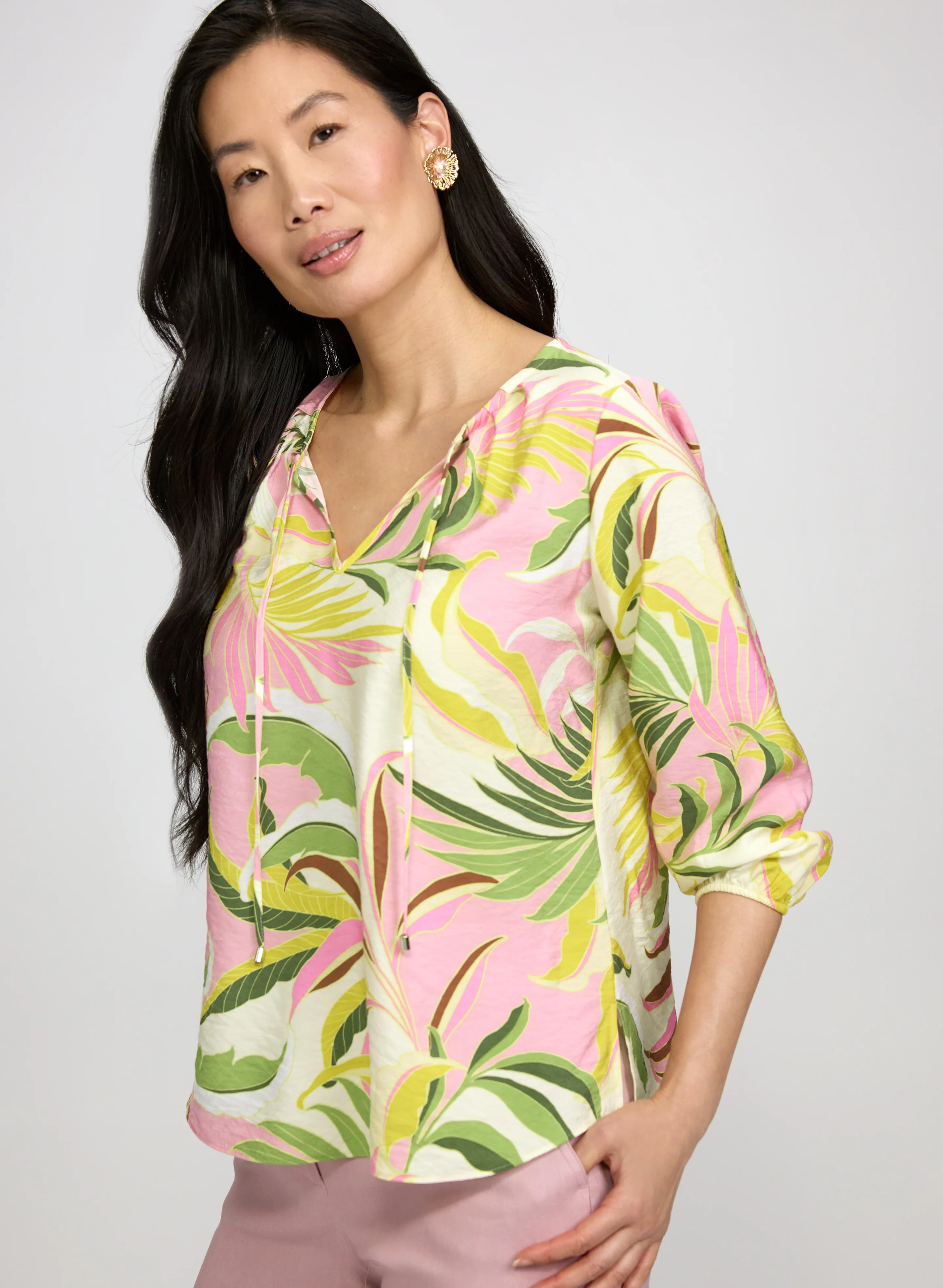 Tropical Print Tie-Neck Blouse - Image 2