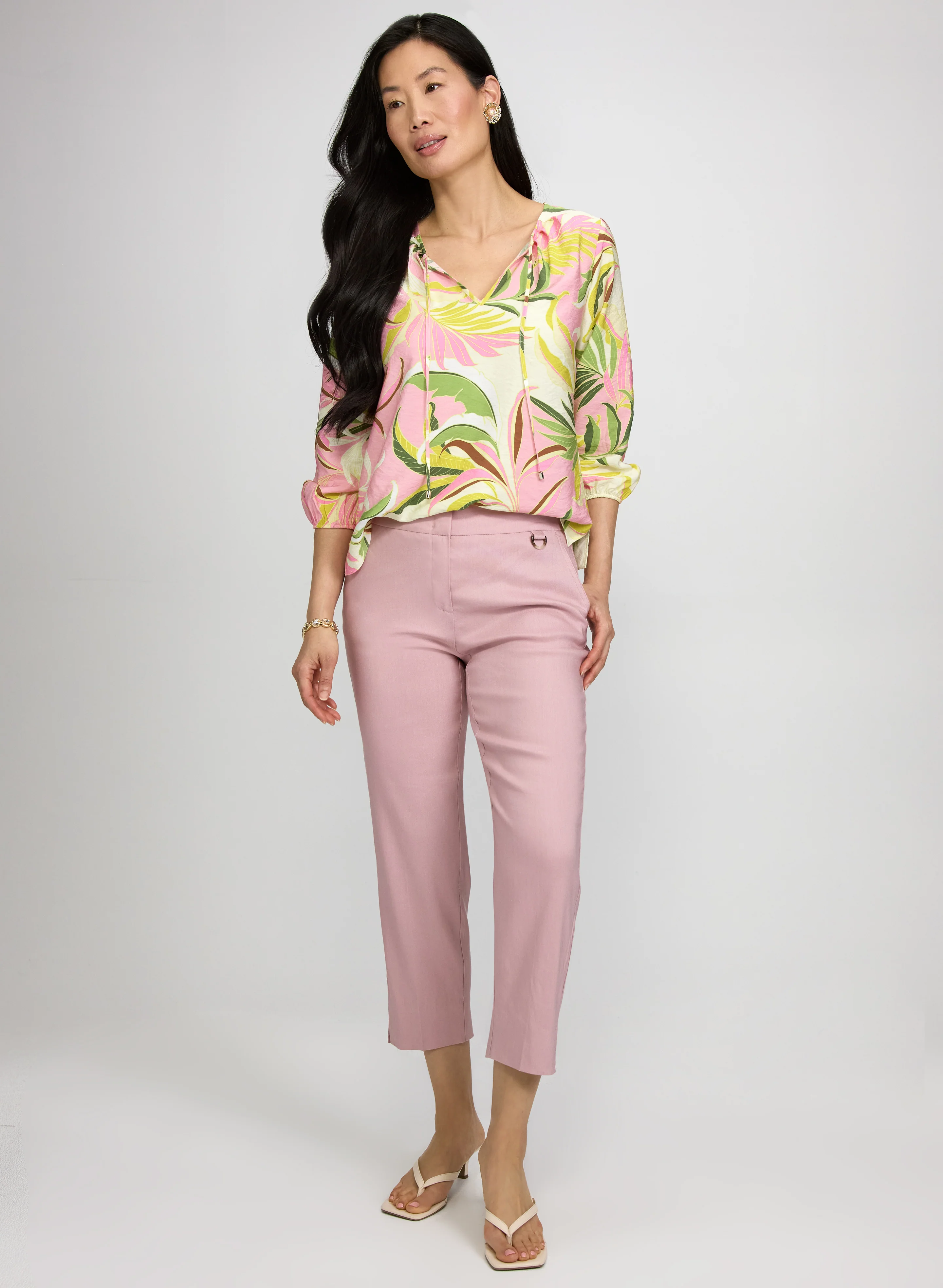 Tropical Print Tie-Neck Blouse - Image 3