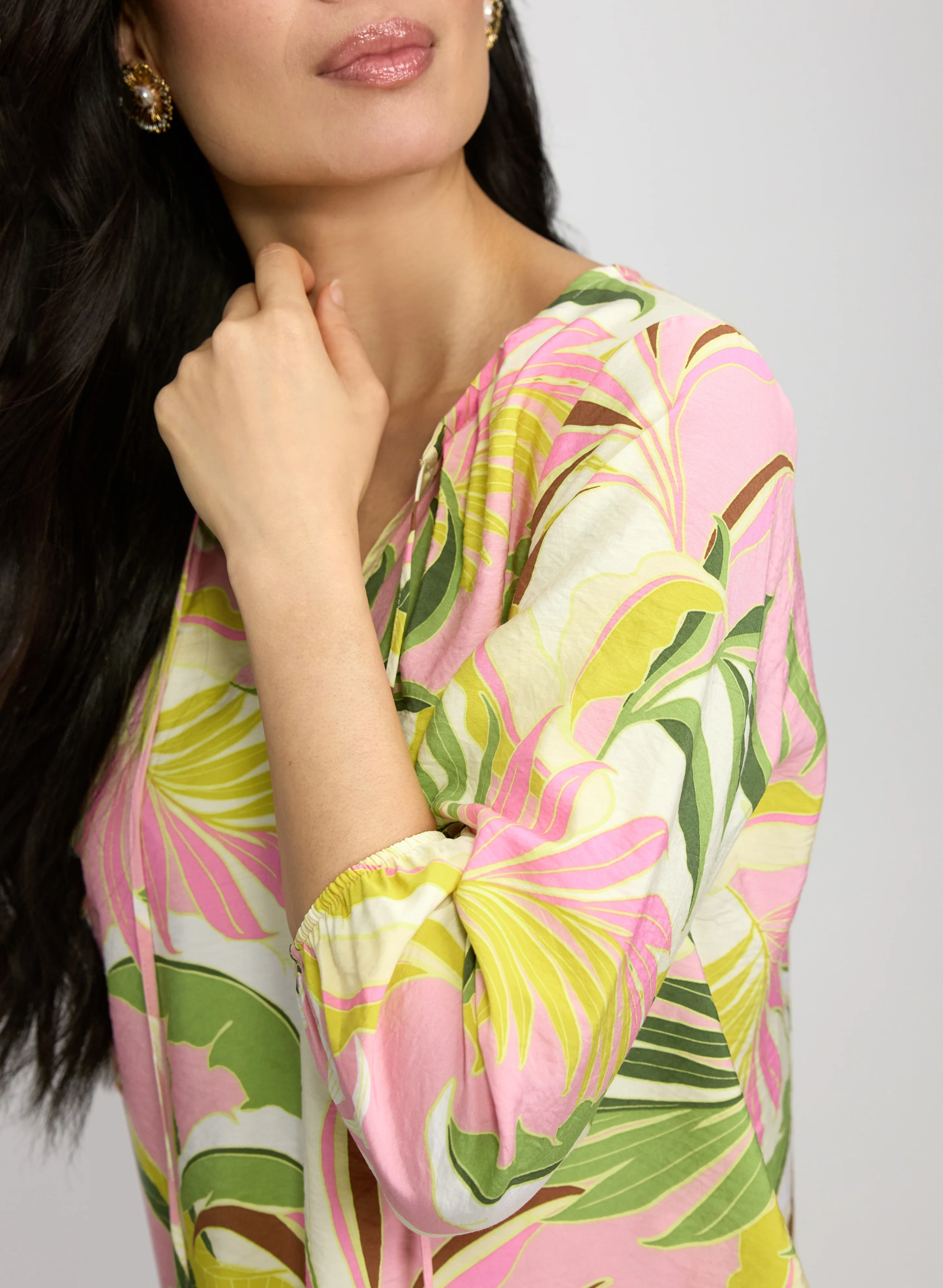 Tropical Print Tie-Neck Blouse - Image 5