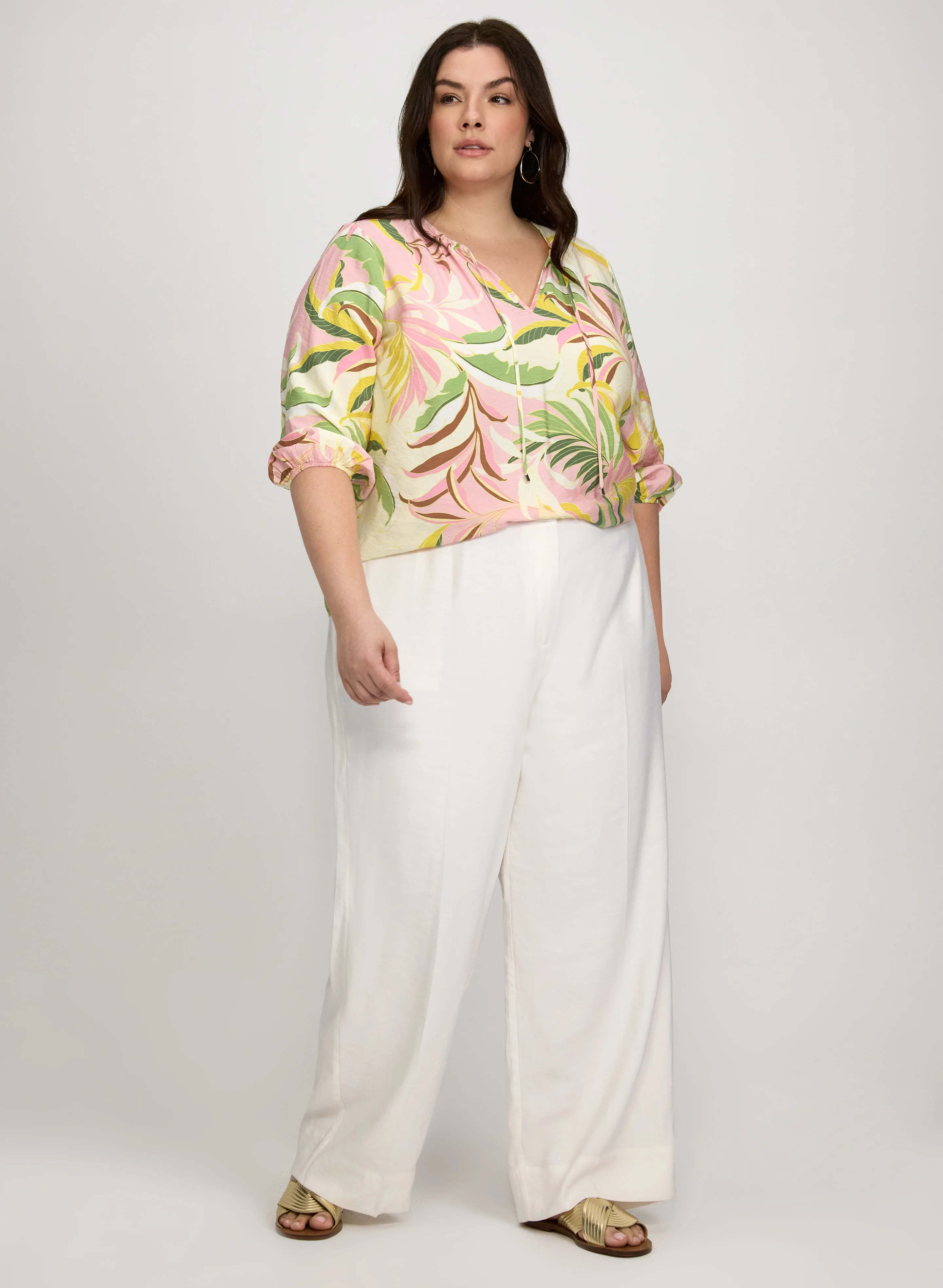 Tropical Print Tie-Neck Blouse - Image 3