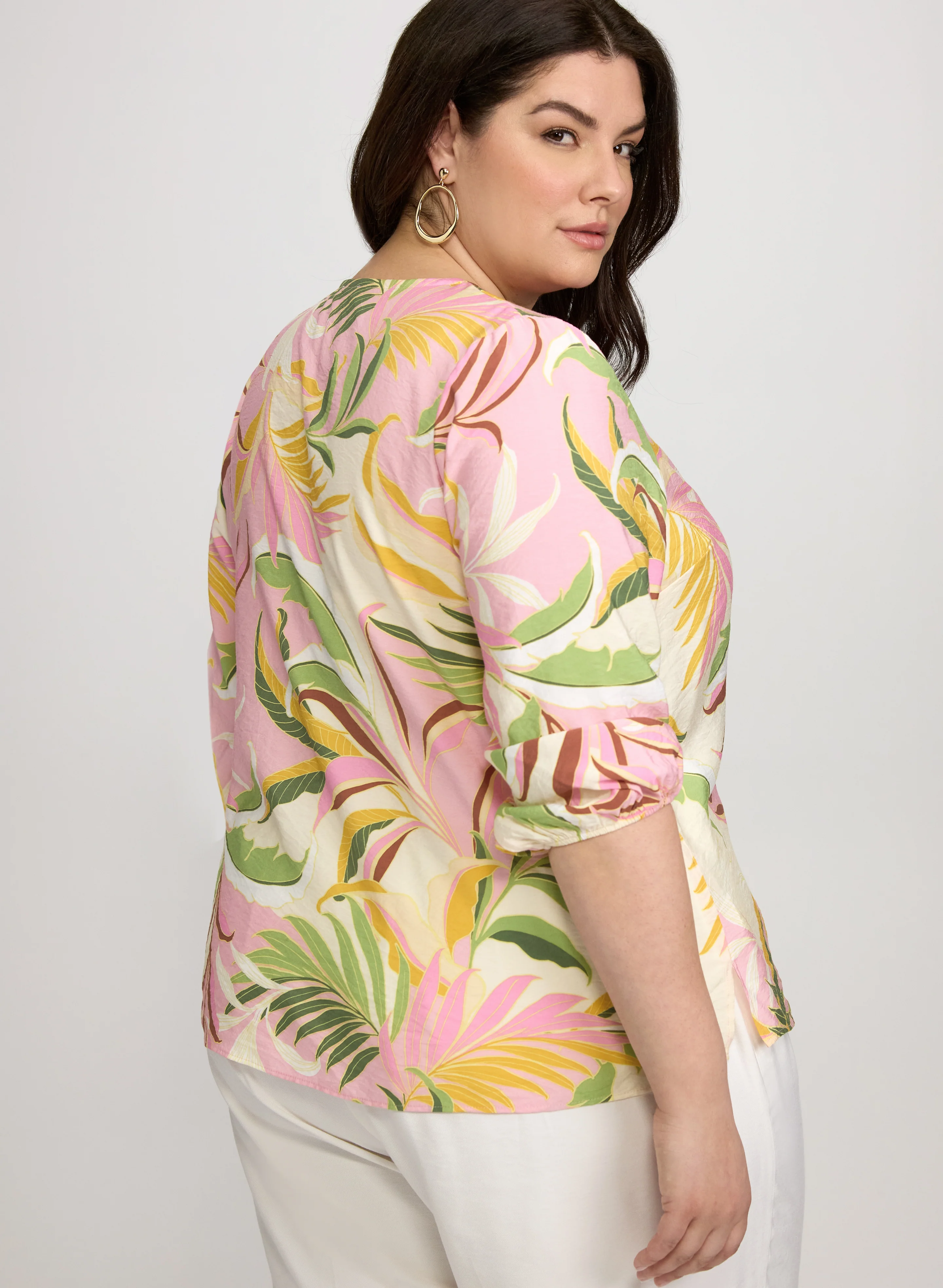 Tropical Print Tie-Neck Blouse - Image 4