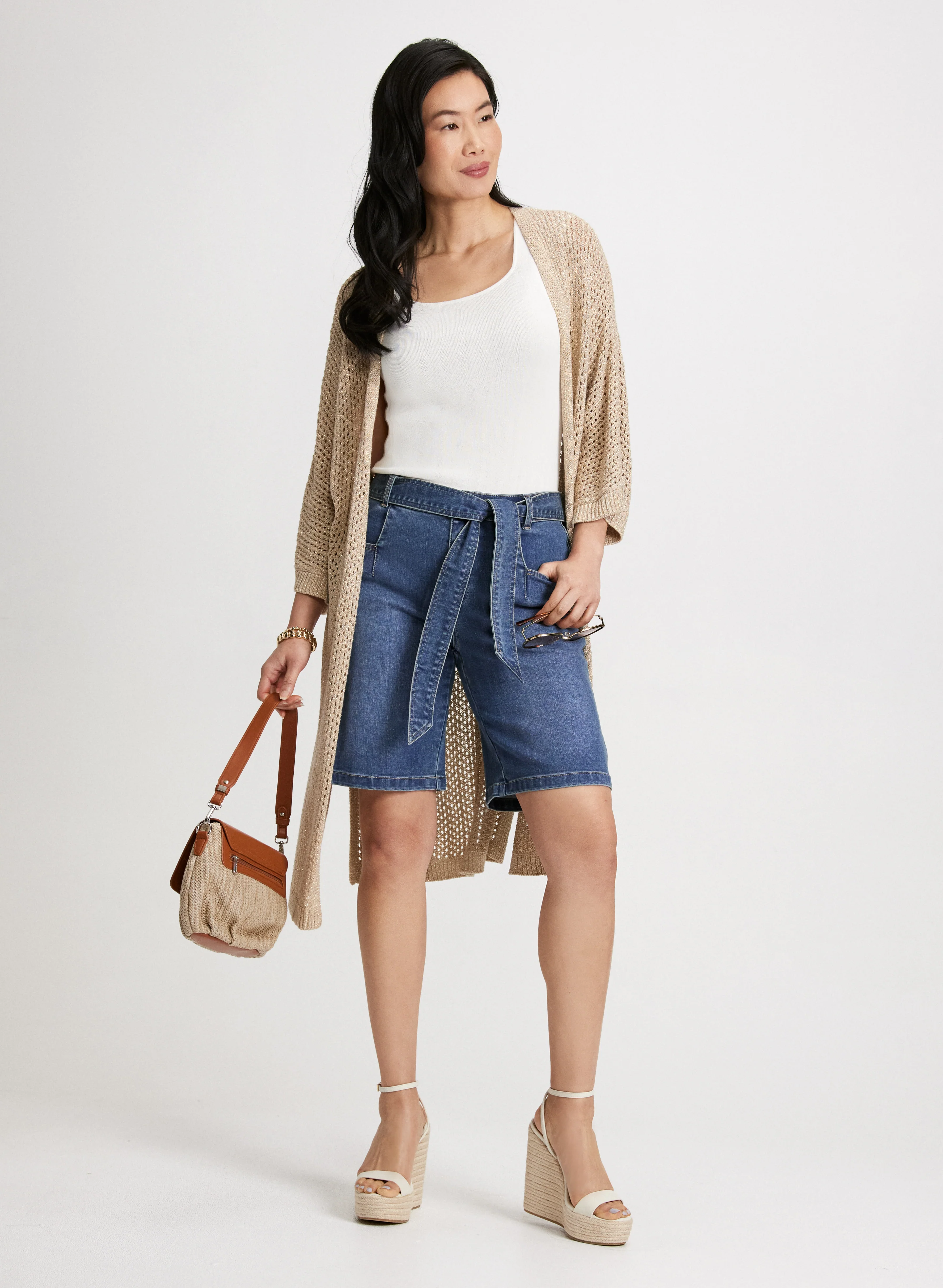 Tunic Cardigan & Sash Denim Shorts - Image 2
